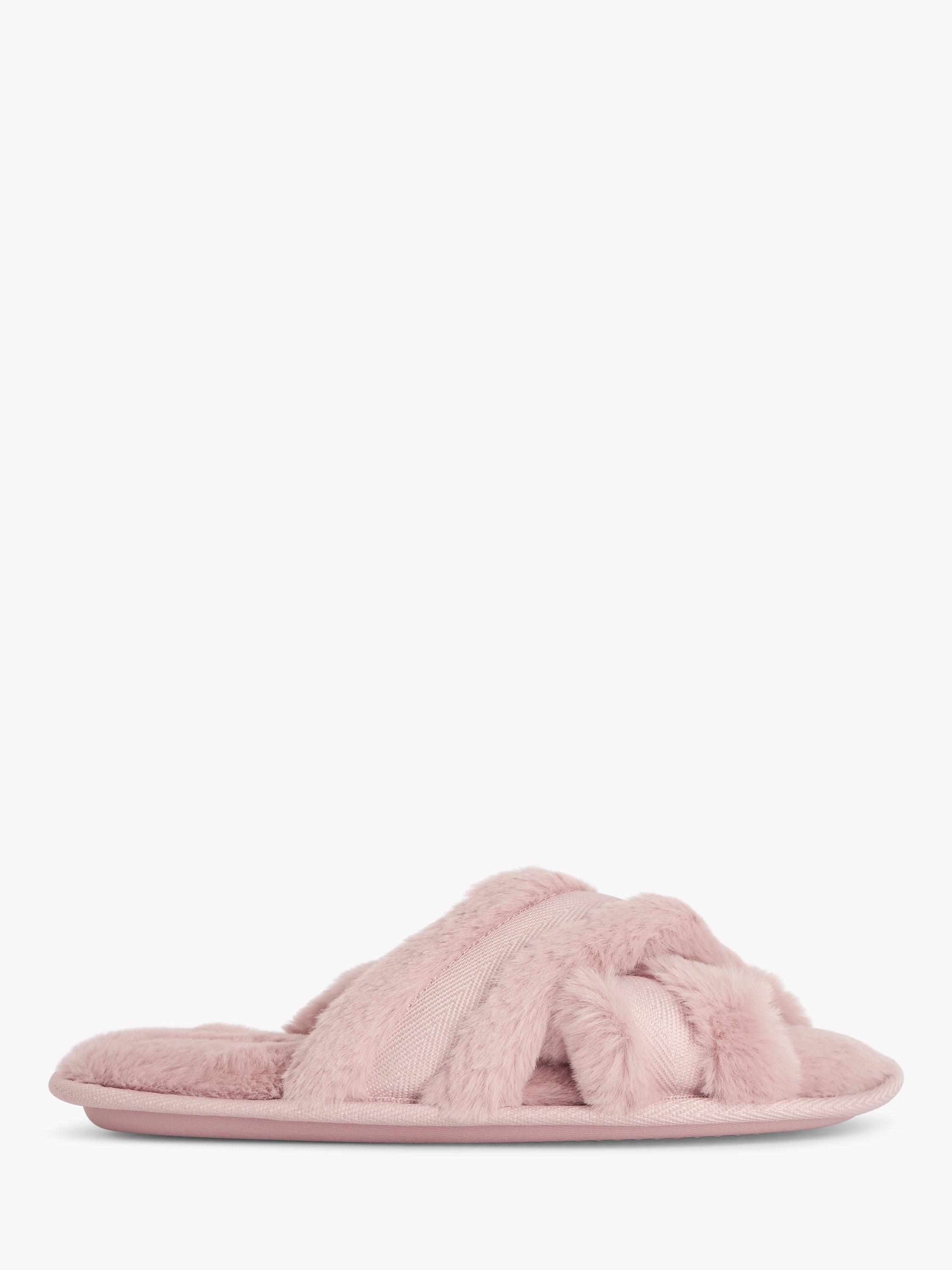 John Lewis ANYDAY Cross Strap Faux Fur Slippers, Dusty Pink