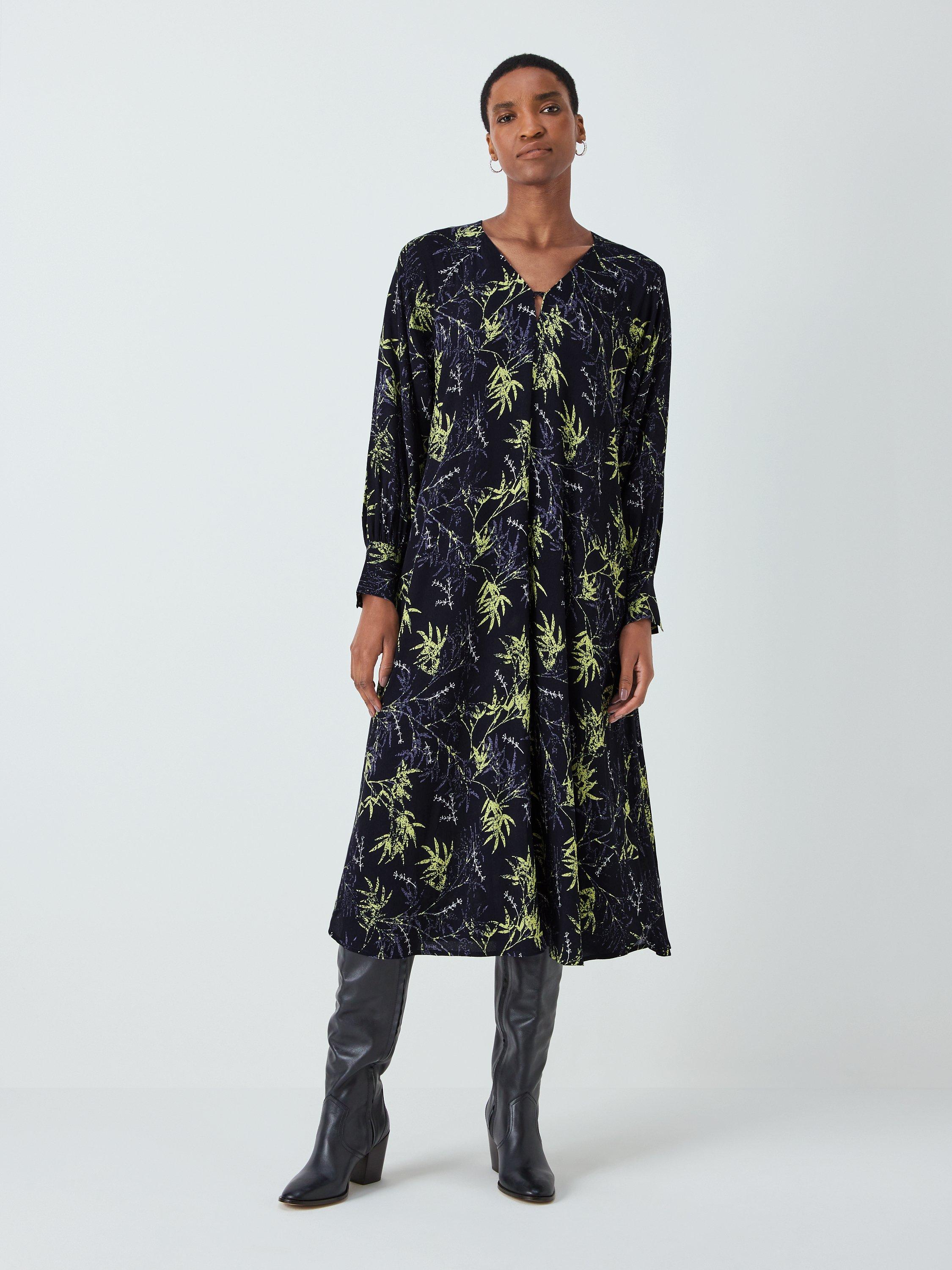 John Lewis Mottled Leaf Midi Dress, Blue/Multi