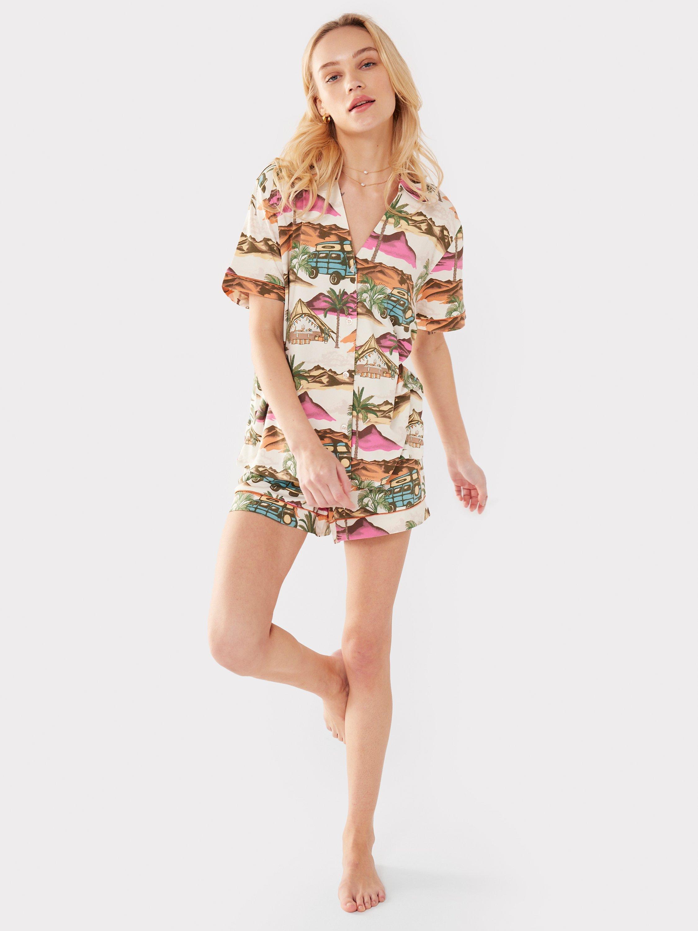 Chelsea Peers Jersey Camping Print V-Neck Button Up Short Pyjama Set, Multi