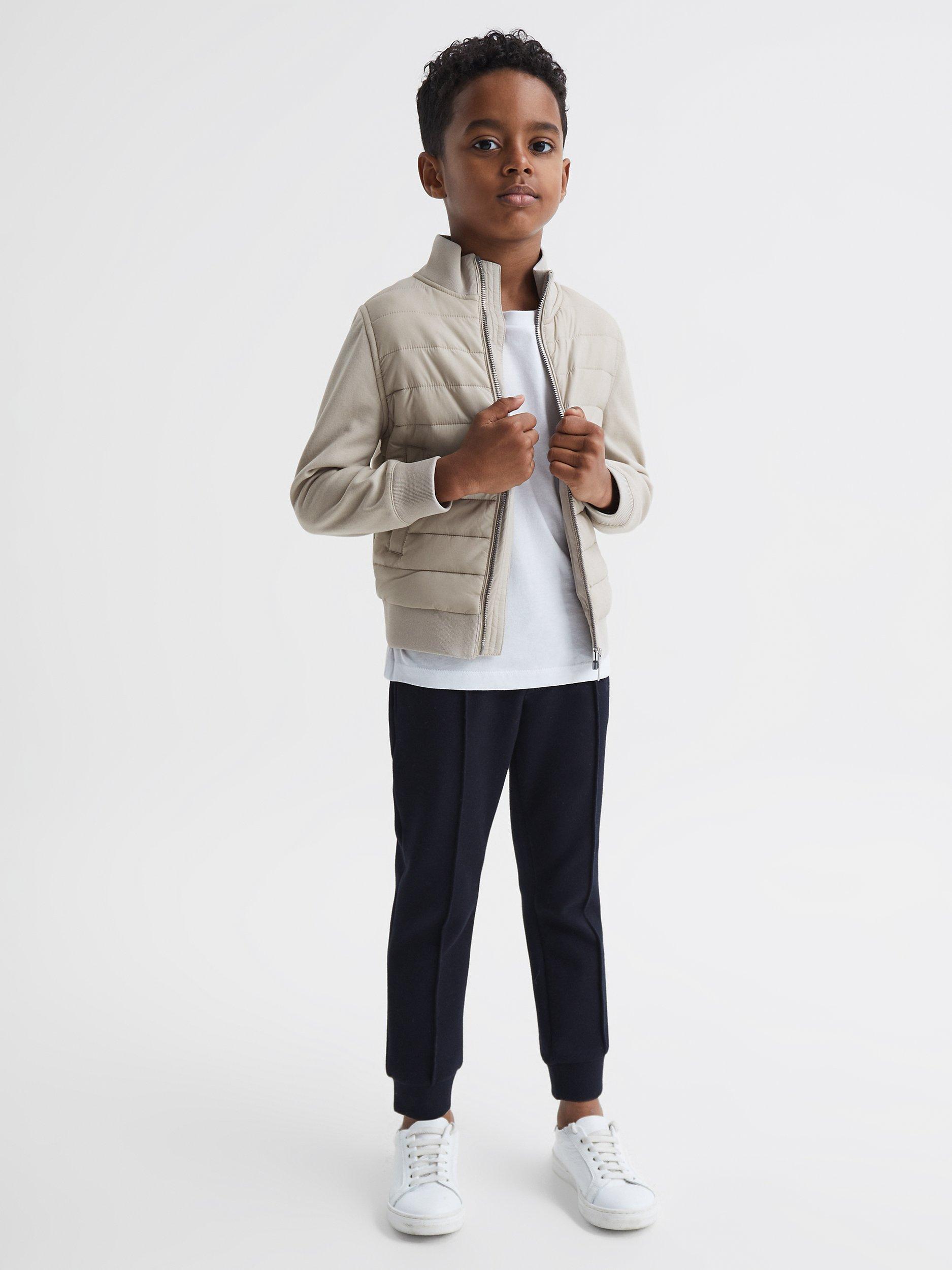 Product image 1 of 5, which shows Reiss Kids' Flintoff Funnel Neck Quilted Hybrid Jacket, Stone, 4-5 years