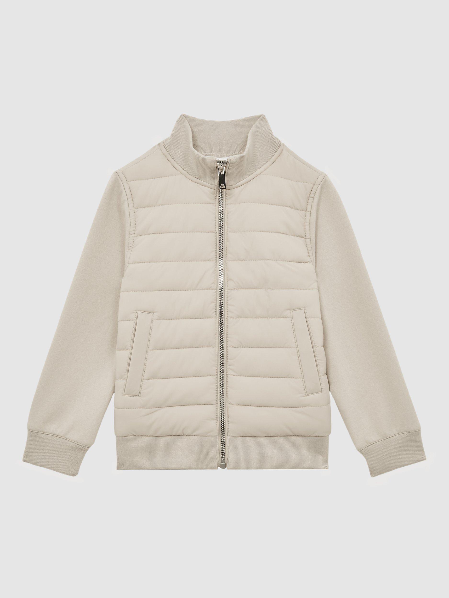 Product image 3 of 5, which shows Reiss Kids' Flintoff Funnel Neck Quilted Hybrid Jacket, Stone, 4-5 years