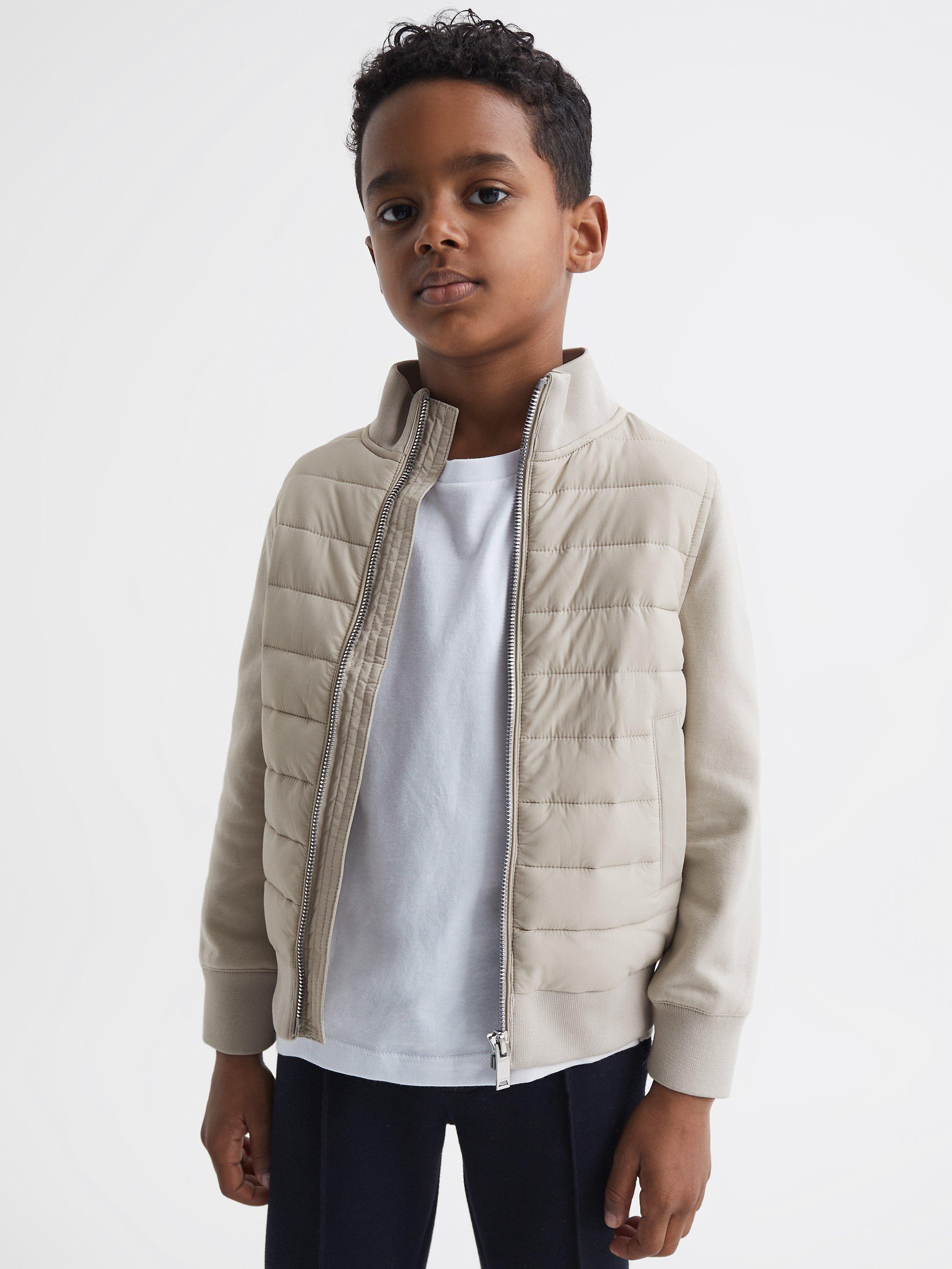 Product image 4 of 5, which shows Reiss Kids' Flintoff Funnel Neck Quilted Hybrid Jacket, Stone, 4-5 years