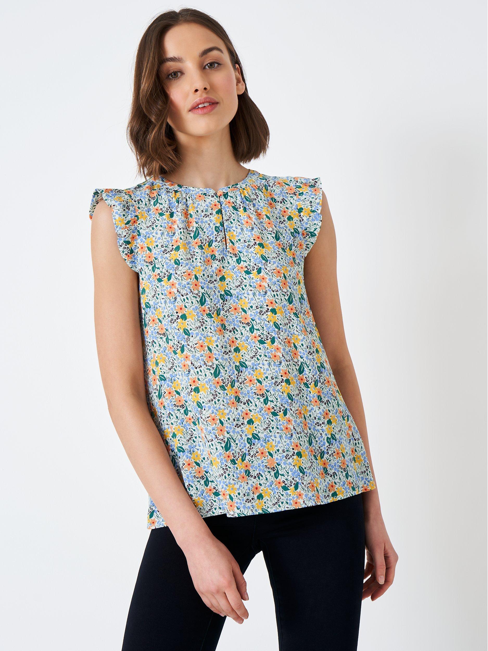 Crew Clothing Ophelia Floral Ruffle Sleeve Blouse, Yellow/Multi