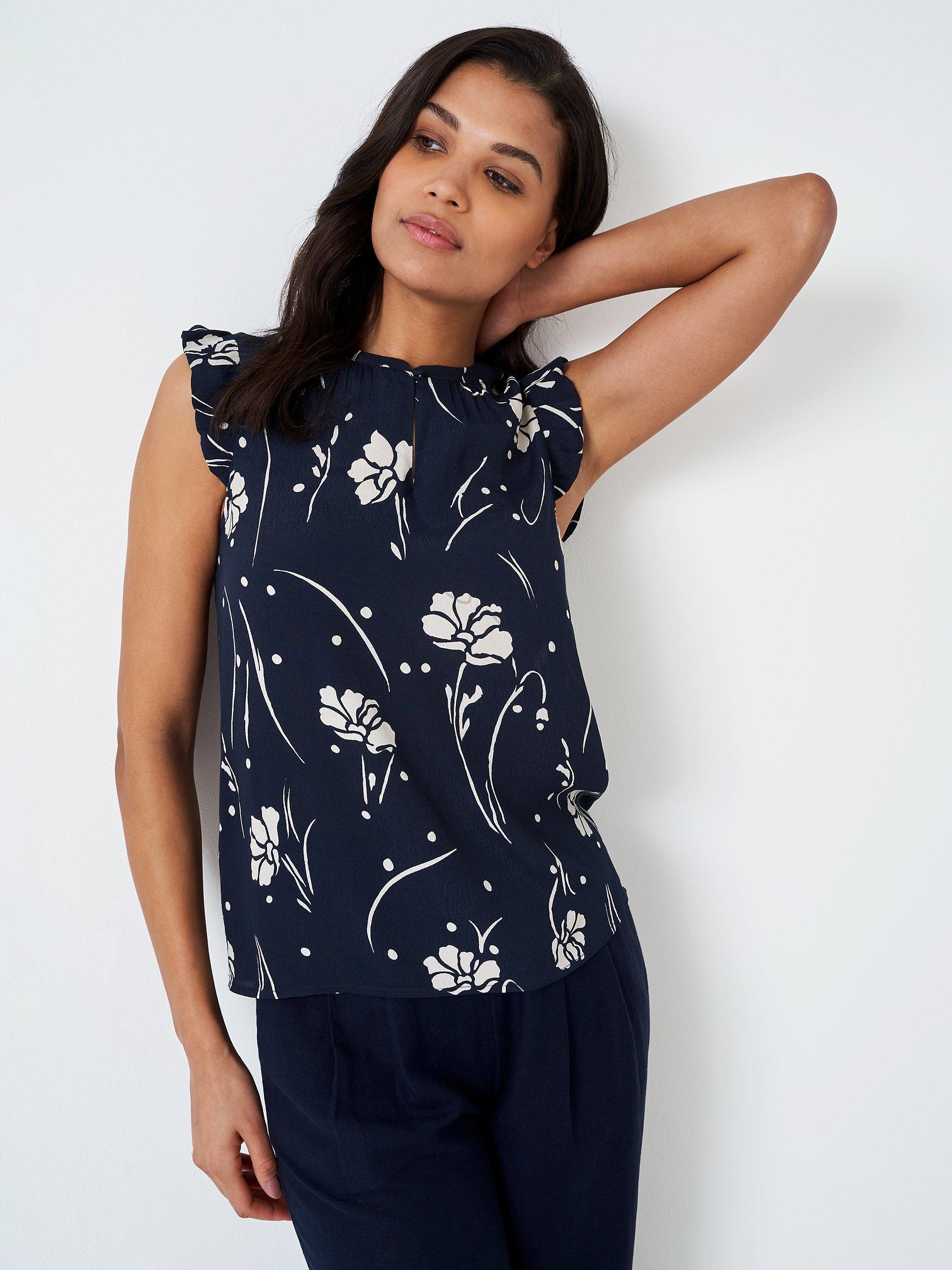 Crew Clothing Ophelia Floral Ruffle Sleeve Blouse, Navy Blue
