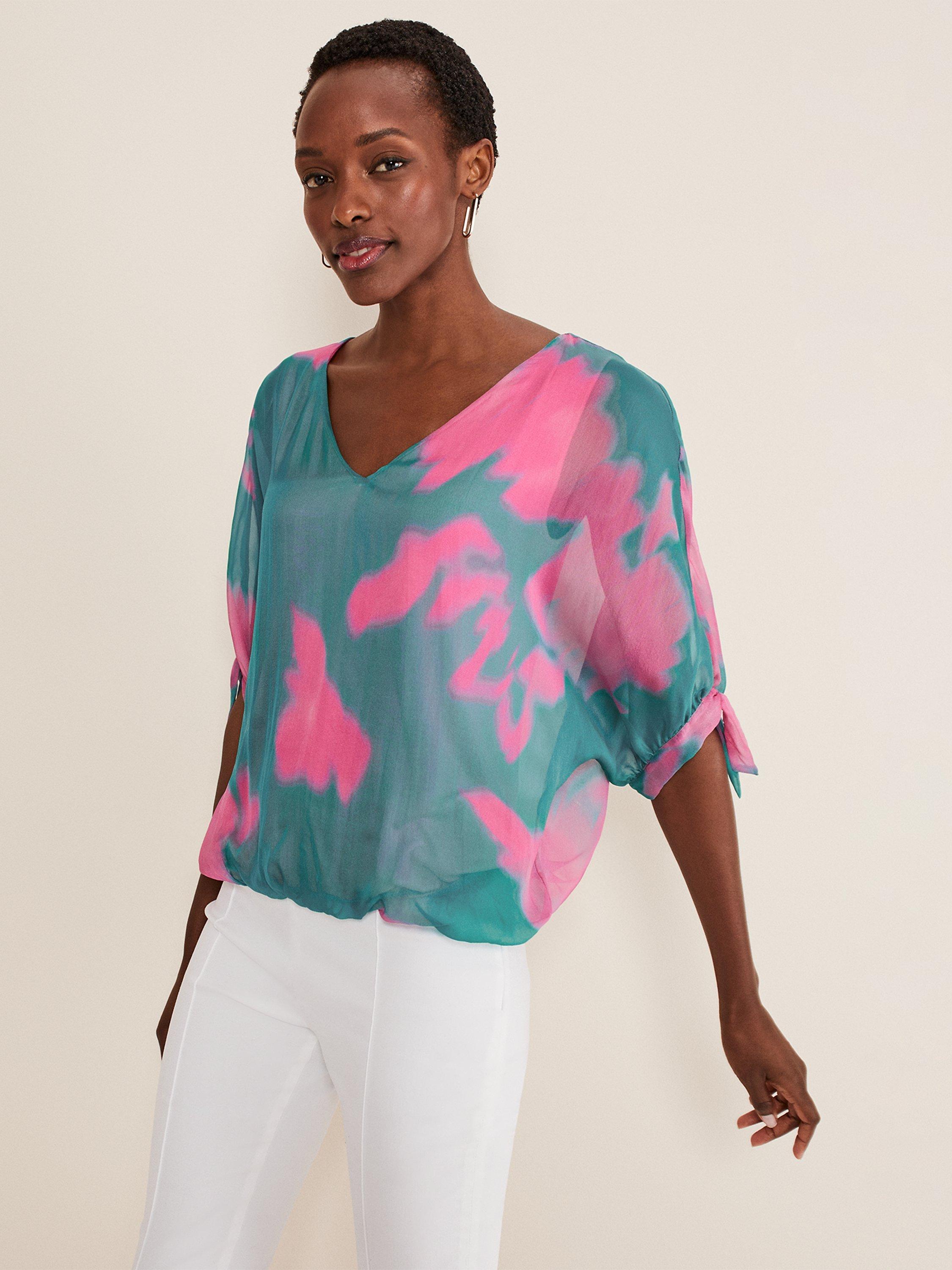 Phase Eight Madison Silk Blouse, Green/Pink