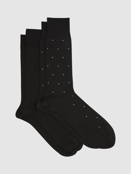 Reiss Graham Ribbed and Spot Cotton Blend Socks, Pack of 2, Black