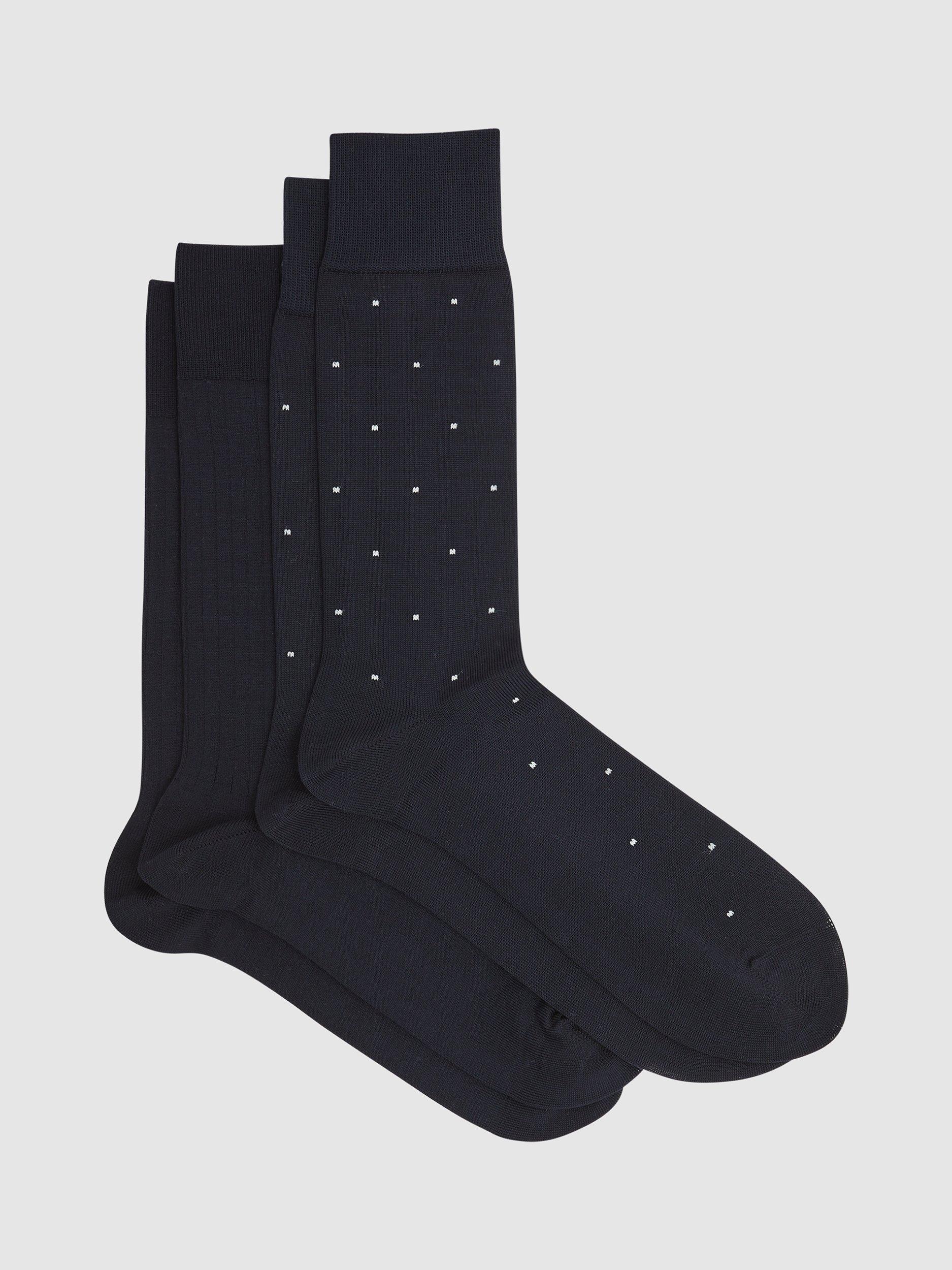 Product image 1 of 3, which shows Reiss Graham Ribbed and Spot Cotton Blend Socks, Pack of 2, Navy, 6-8