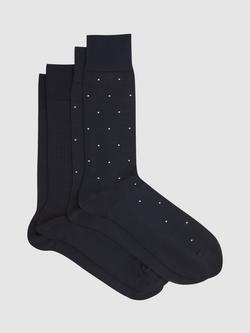 Reiss Graham Ribbed and Spot Cotton Blend Socks, Pack of 2, Navy