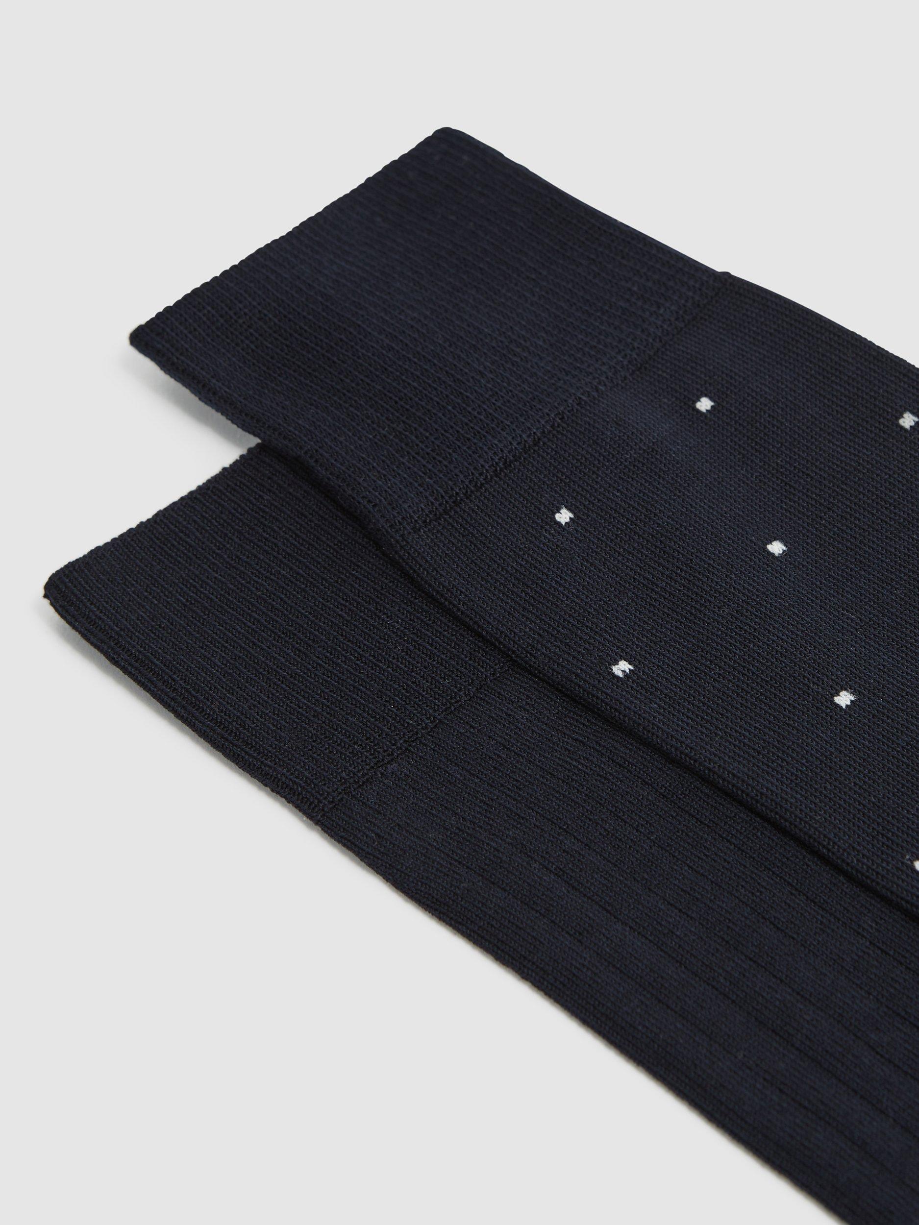 Product image 2 of 3, which shows Reiss Graham Ribbed and Spot Cotton Blend Socks, Pack of 2, Navy, 6-8