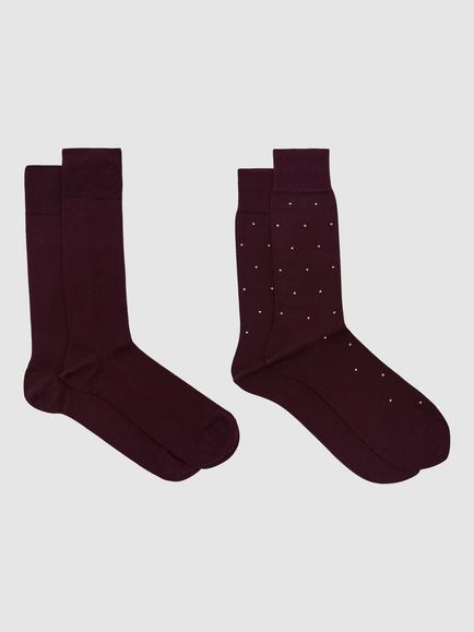 Reiss Graham Ribbed and Spot Cotton Blend Socks, Pack of 2, Bordeaux
