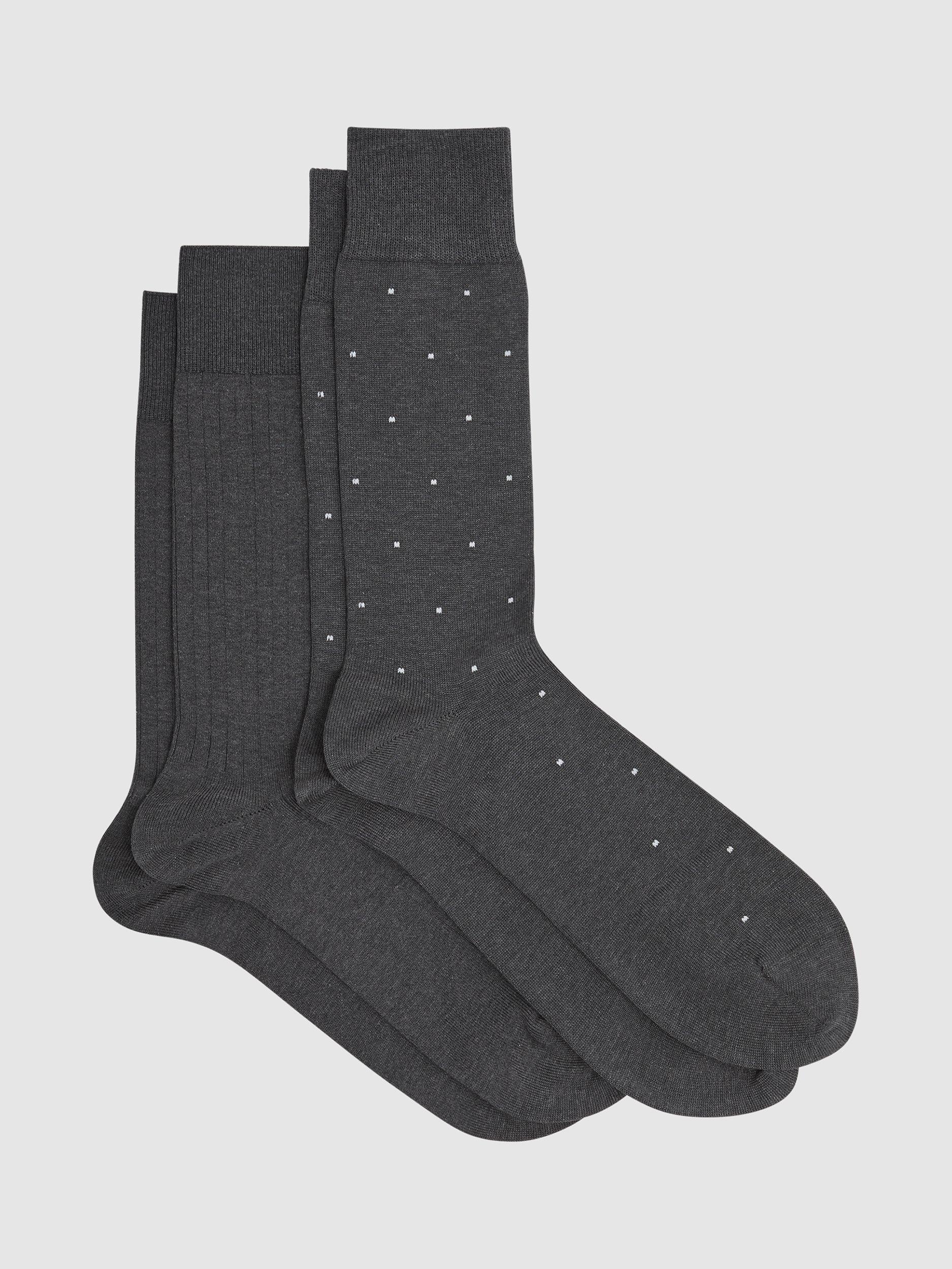 Product image 1 of 3, which shows Reiss Graham Ribbed and Spot Cotton Blend Socks, Pack of 2, Charcoal, 6-8