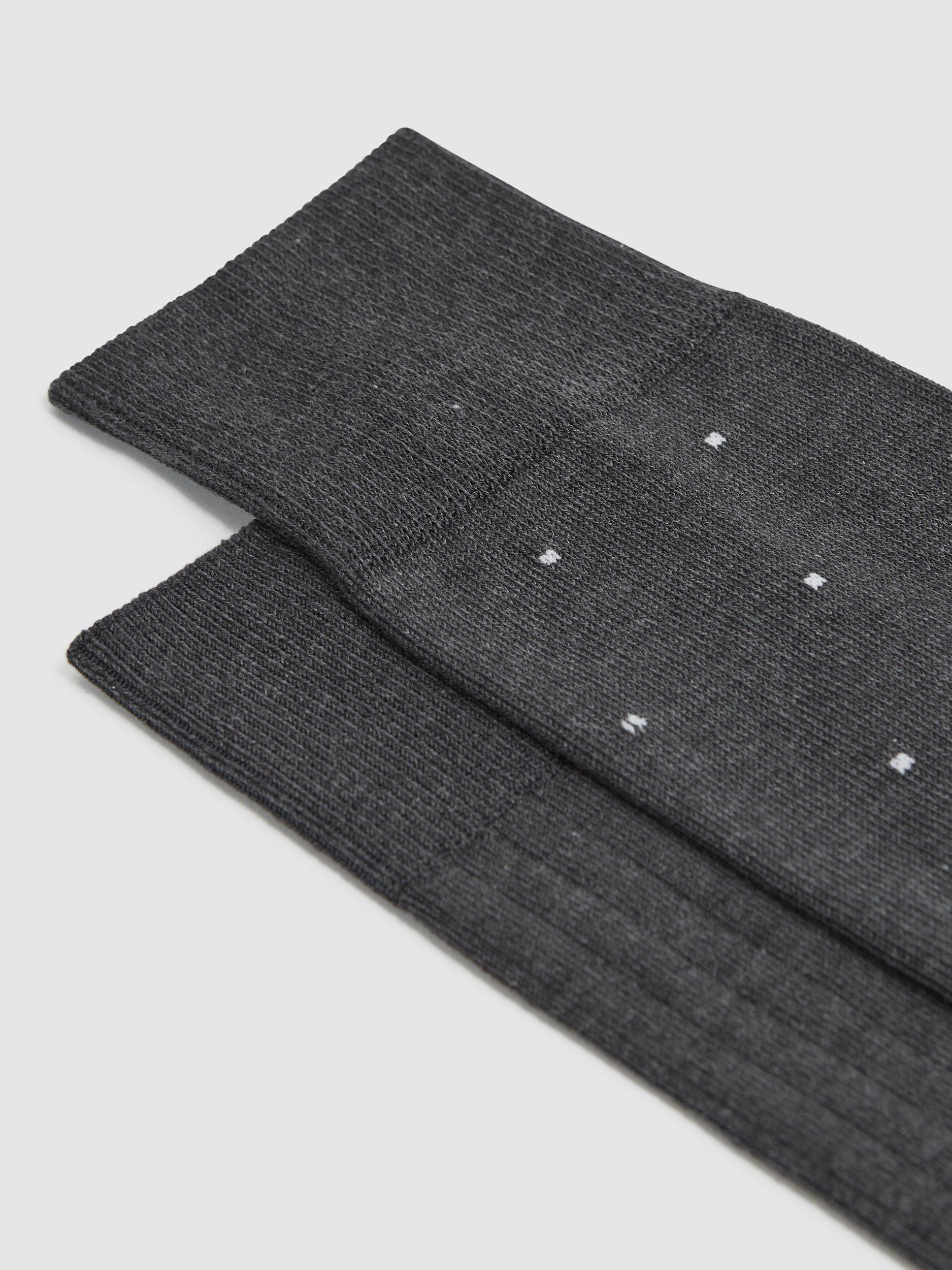 Product image 2 of 3, which shows Reiss Graham Ribbed and Spot Cotton Blend Socks, Pack of 2, Charcoal, 6-8