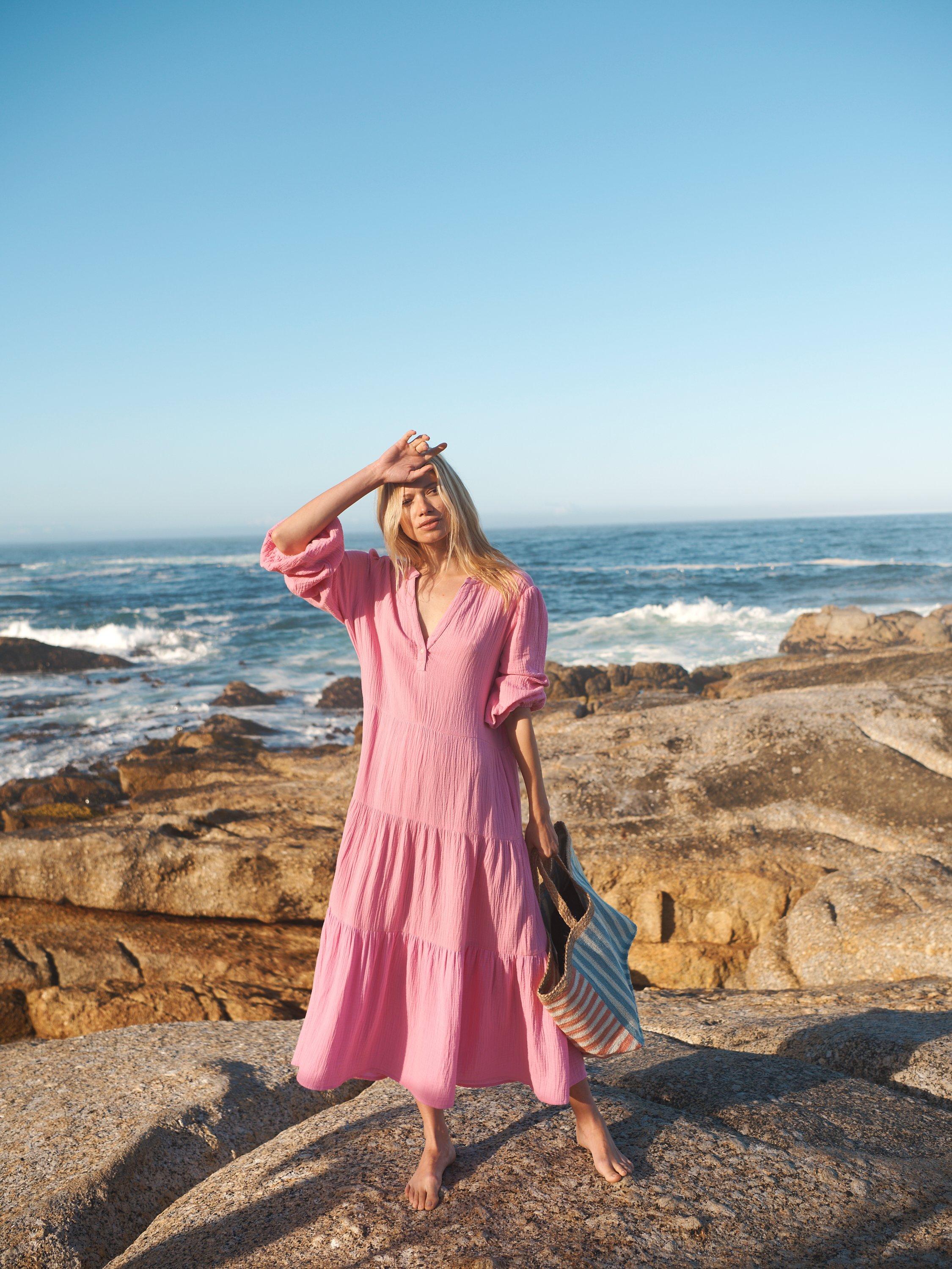 NRBY Marina Double Cloth Tiered Midi Dress, Pink