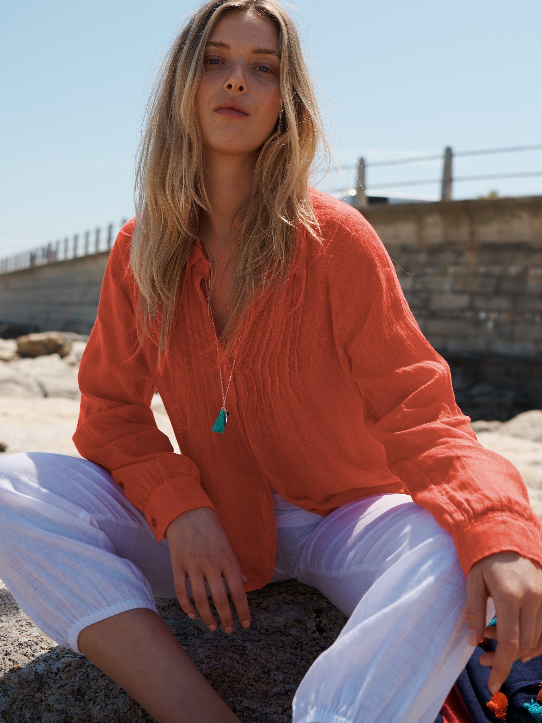 Product image 1 of 7, which shows NRBY Lydia Gauze Linen Blouse, Orange, S