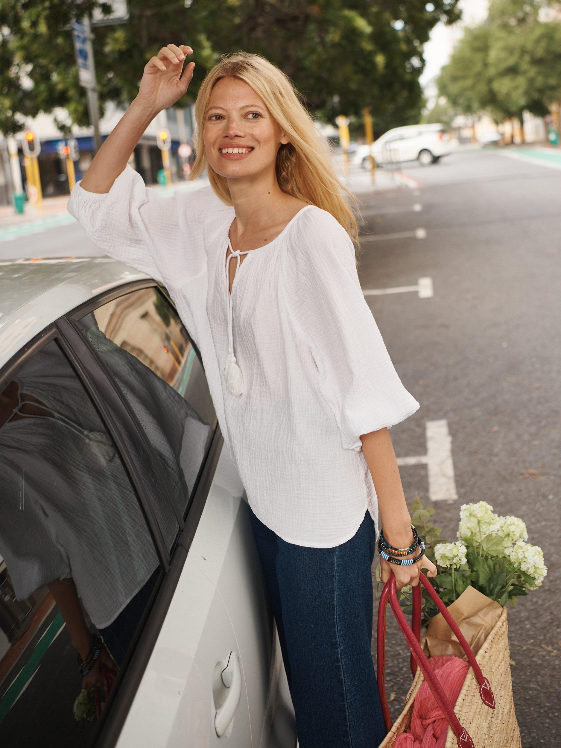 NRBY Annabel Crinkle Cotton Tie Neck Top, White