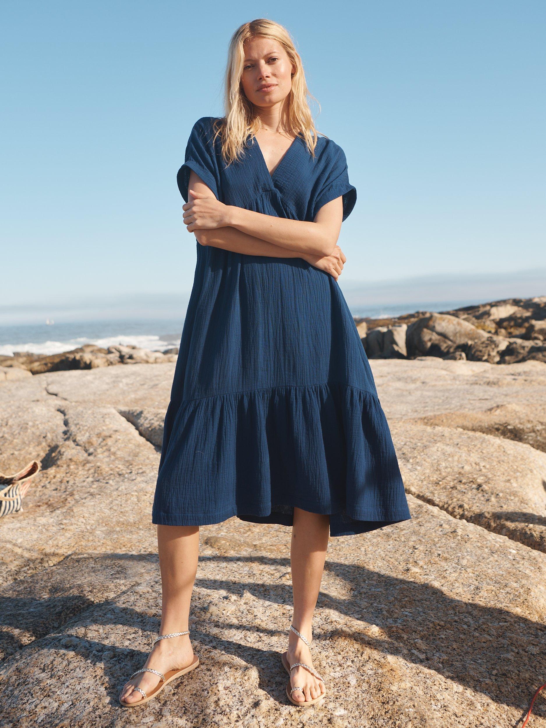 Product image 1 of 7, which shows NRBY Gia Double Cloth Tiered Dress, Navy, XS
