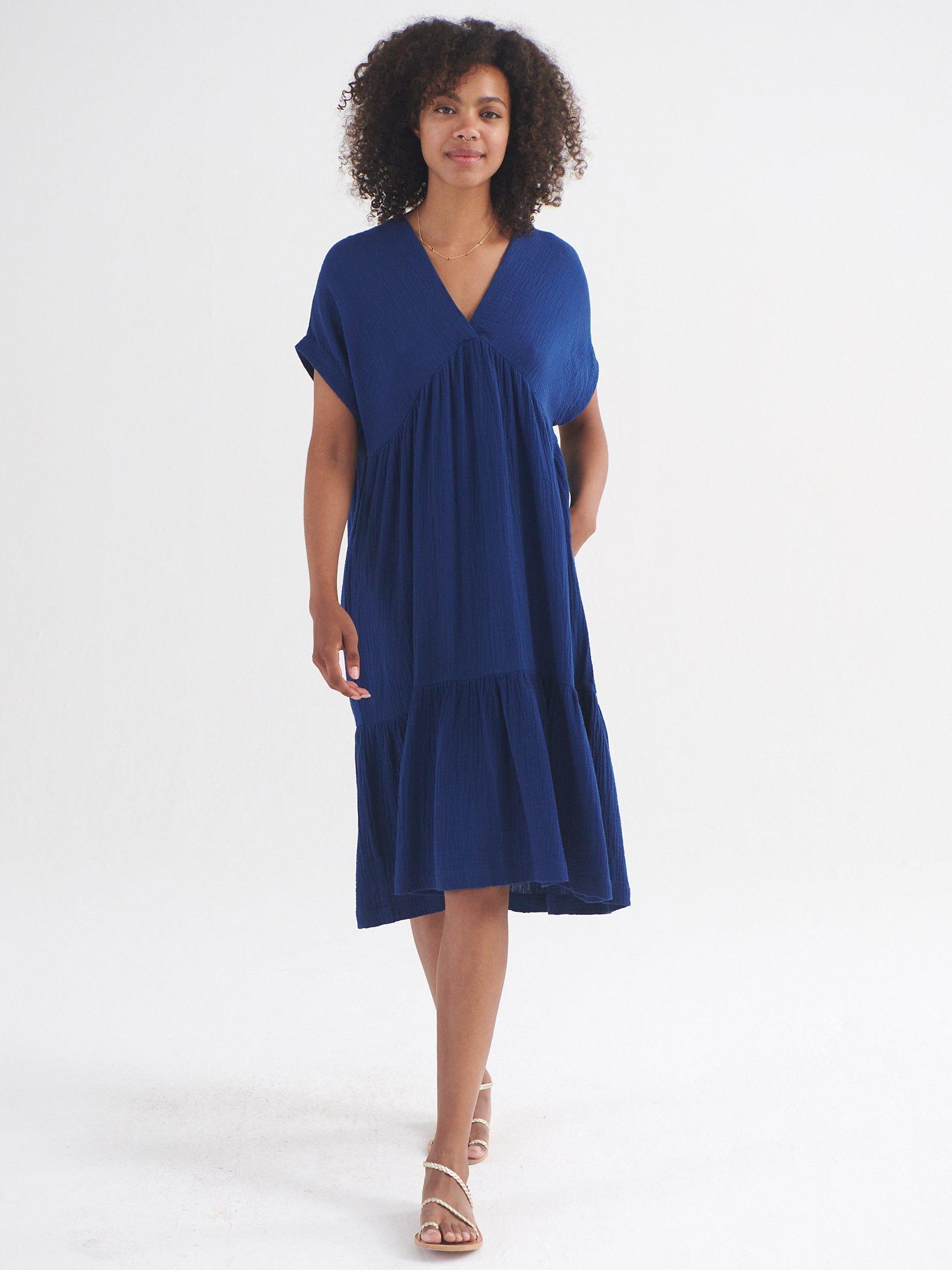 Product image 2 of 7, which shows NRBY Gia Double Cloth Tiered Dress, Navy, XS