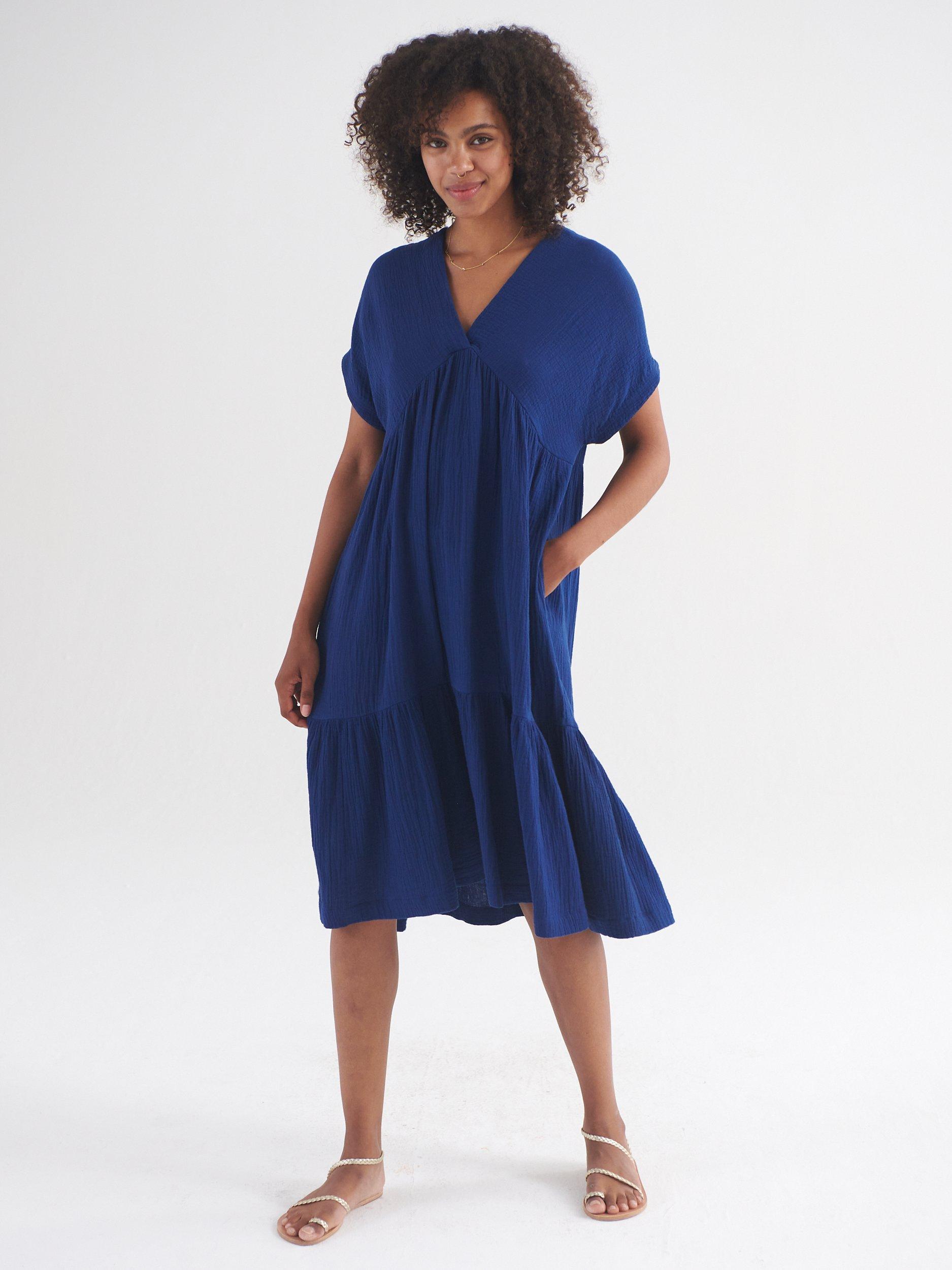 Product image 6 of 7, which shows NRBY Gia Double Cloth Tiered Dress, Navy, XS