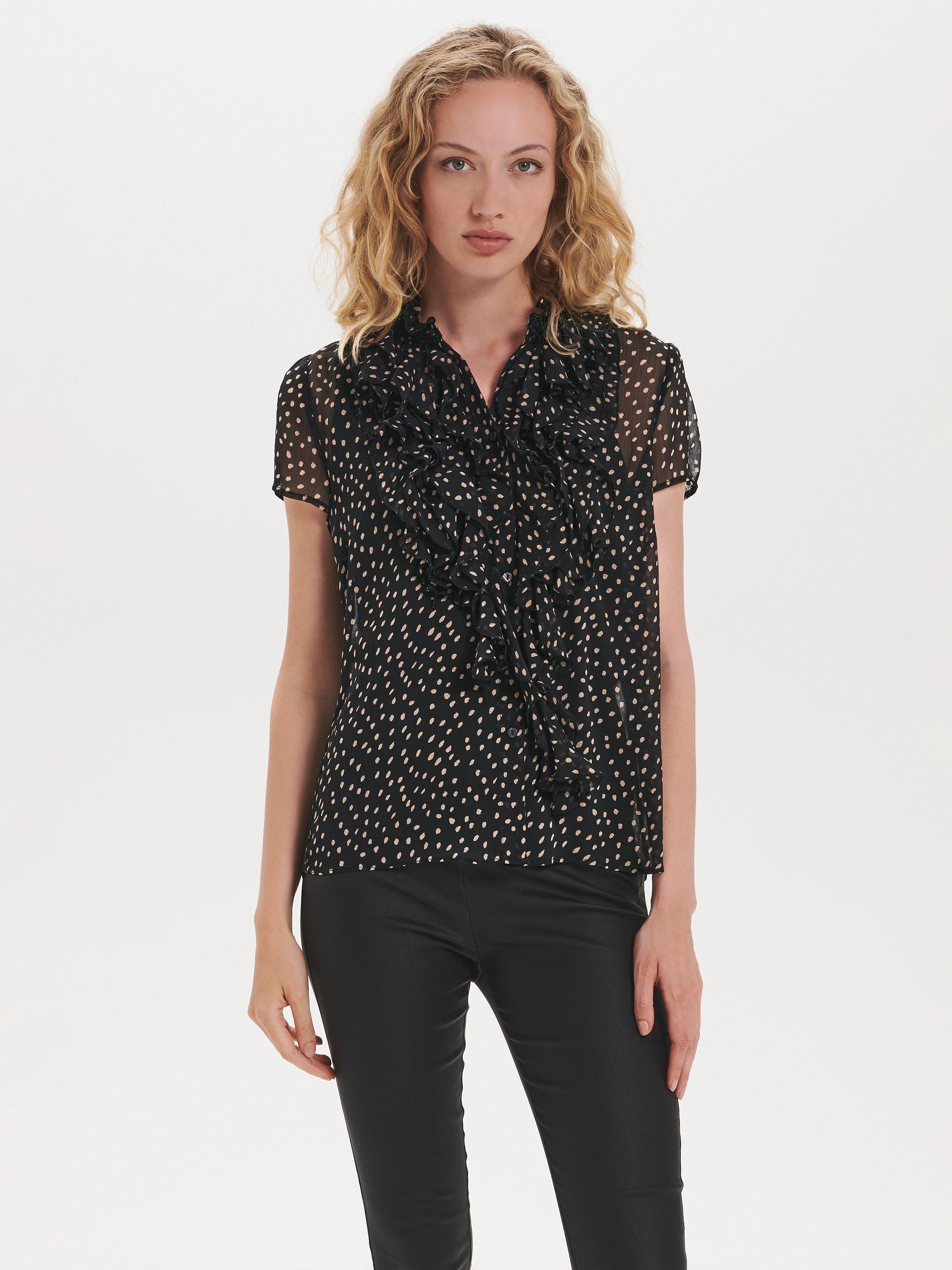 Product image 1 of 7, which shows Saint Tropez Lilly Short Sleeve Ruffle Neck Blouse, Dot Black, XS