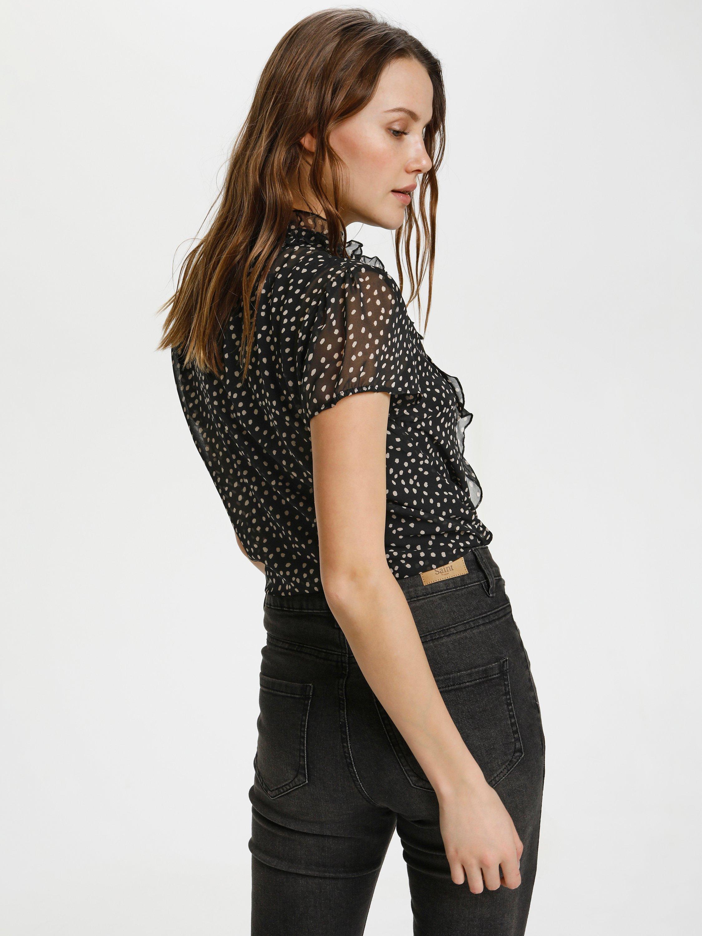 Product image 2 of 7, which shows Saint Tropez Lilly Short Sleeve Ruffle Neck Blouse, Dot Black, XS