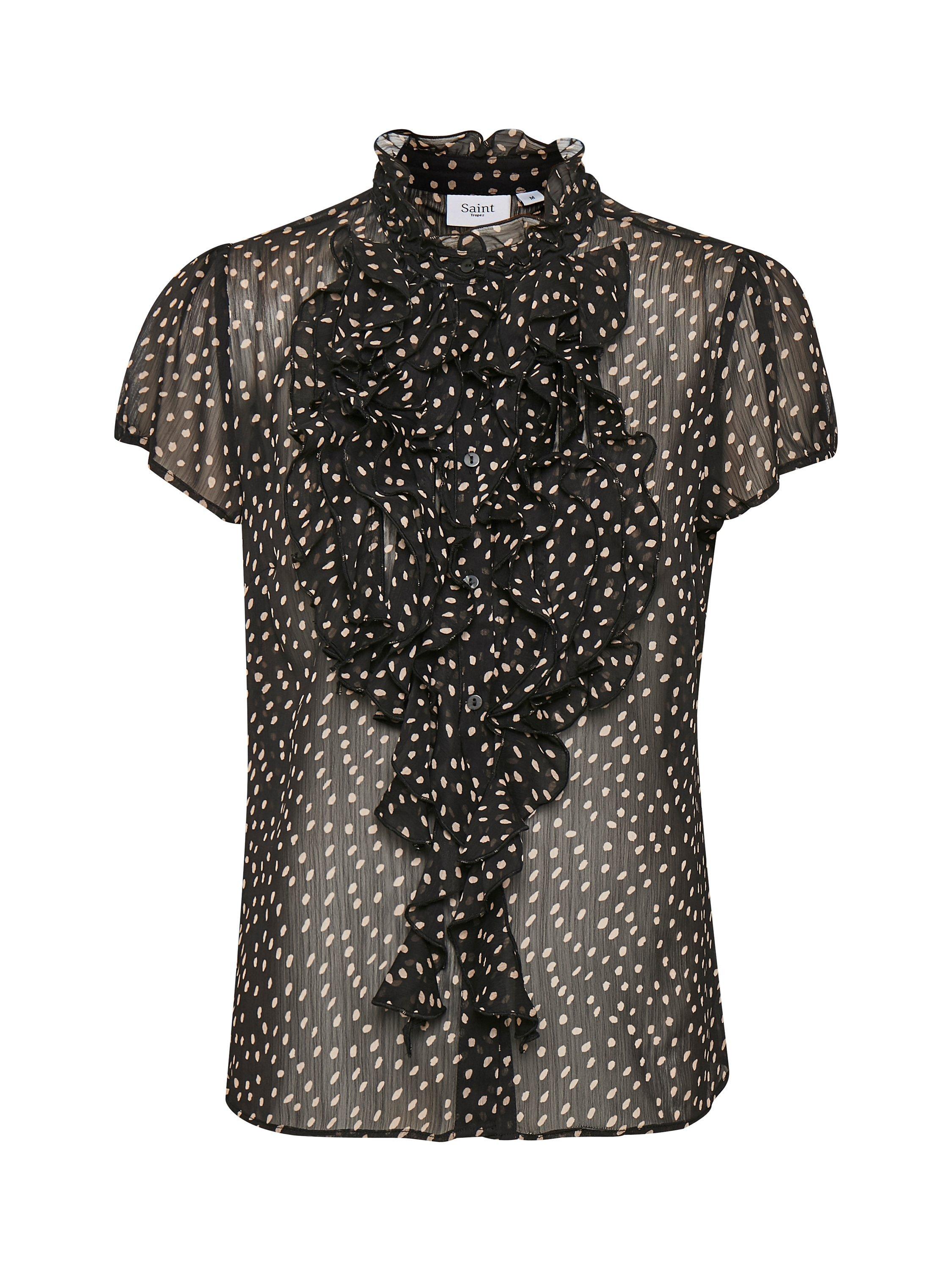 Product image 5 of 7, which shows Saint Tropez Lilly Short Sleeve Ruffle Neck Blouse, Dot Black, XS