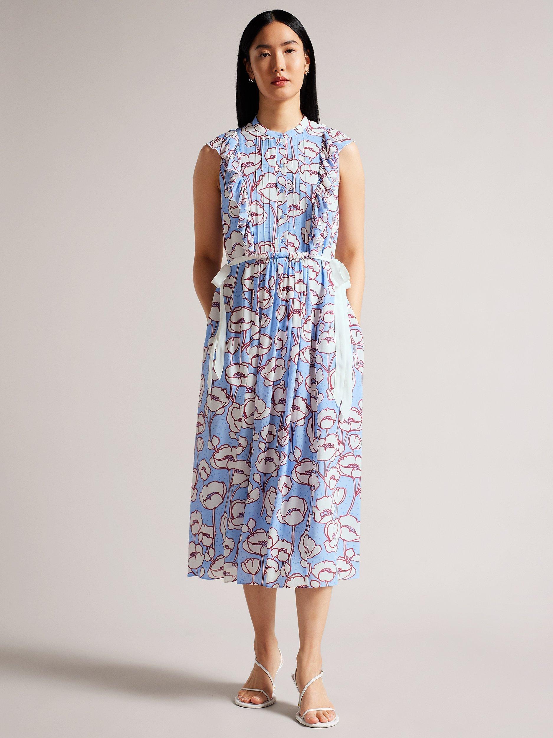 Ted Baker Tindraa Floral Frill Midi Dress, Blue