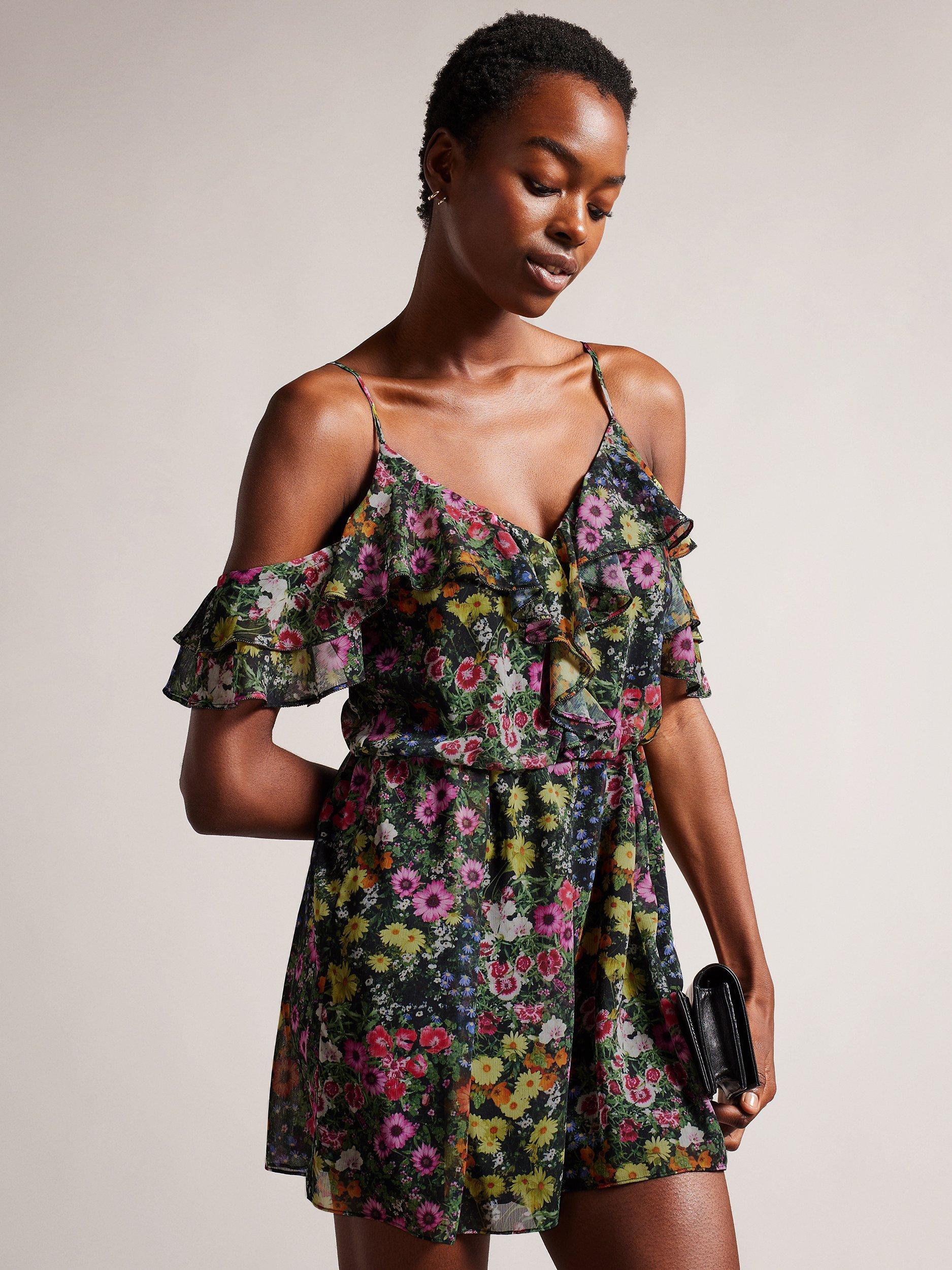 Ted Baker Priyahh Off The Shoulder Ruffle Playsuit, Black/Multi