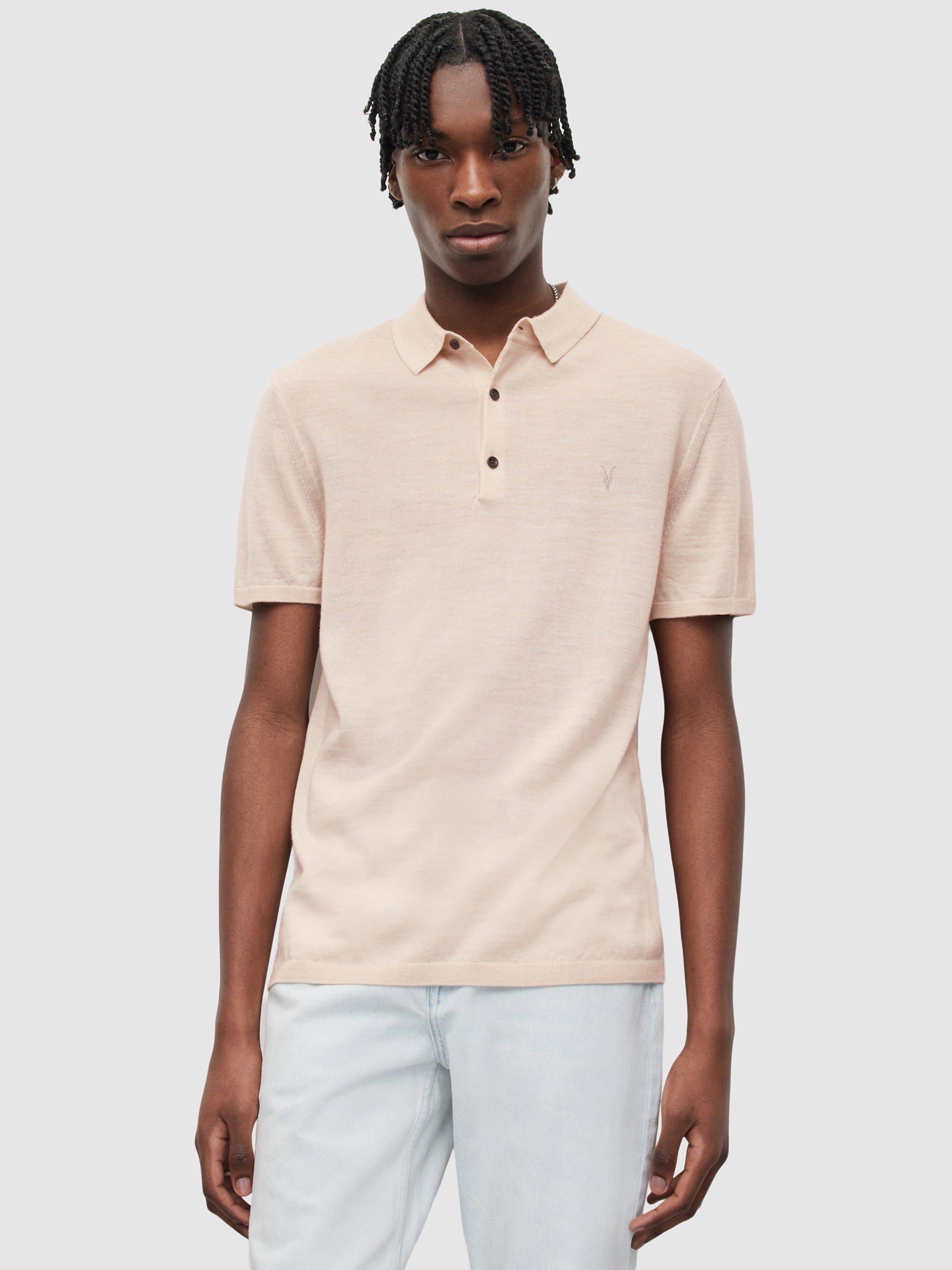 AllSaints Mode Merino Short Sleeve Polo Top, Biscuit Taupe Marl