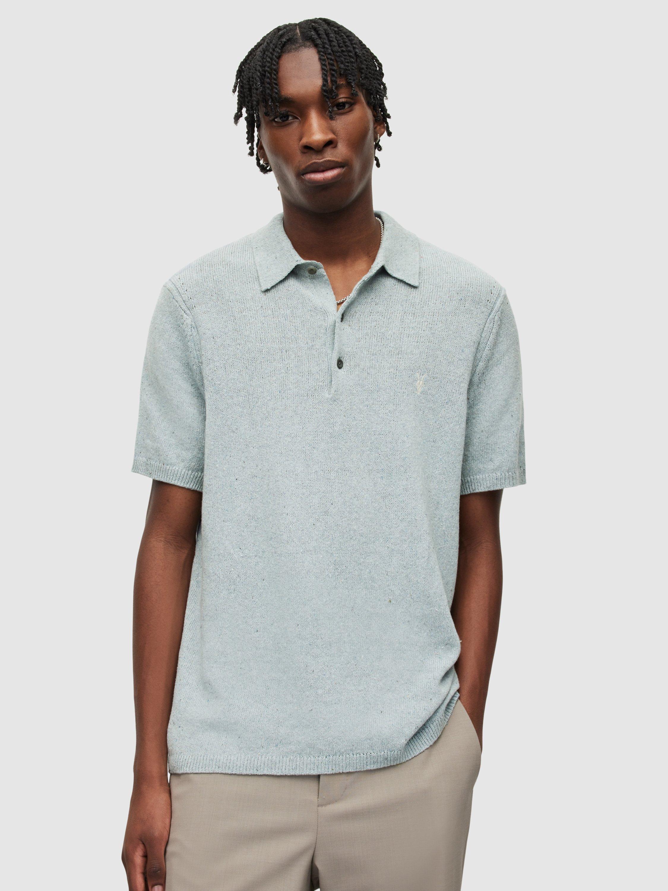 AllSaints Brice Knit Polo Top, Denim Blue Marl