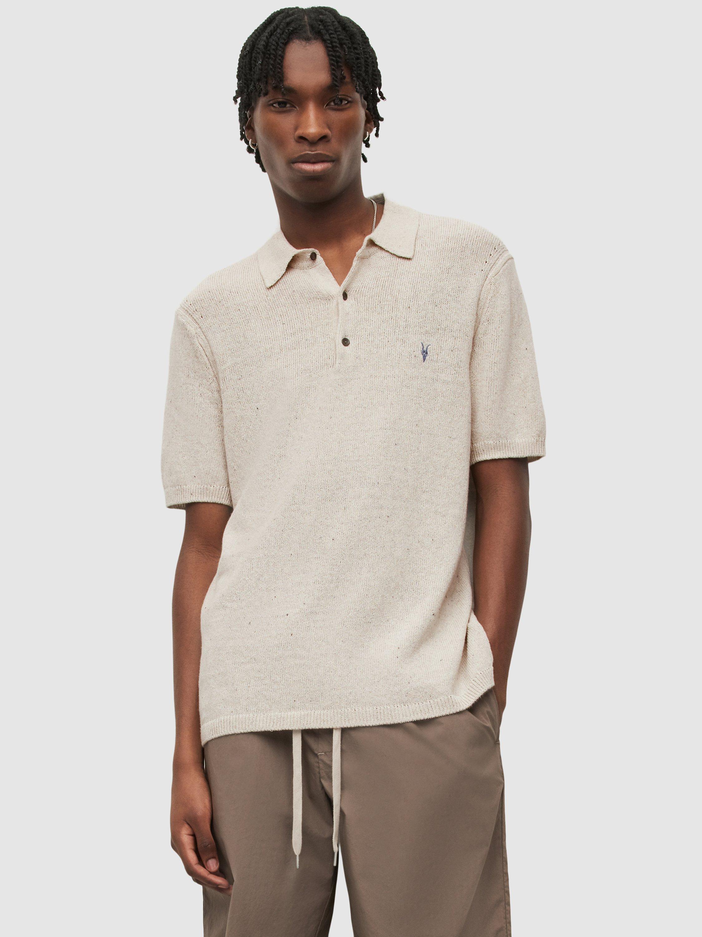 AllSaints Brice Knit Polo Top, Ecru Marl