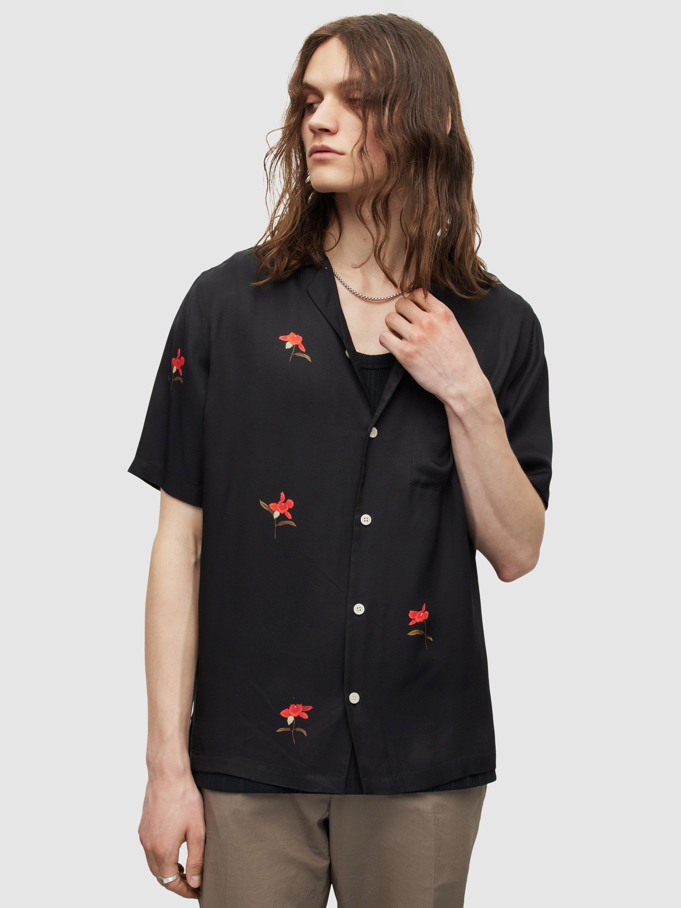 AllSaints Eivissa Short Sleeve Floral Shirt, Jet Black, Jet Black