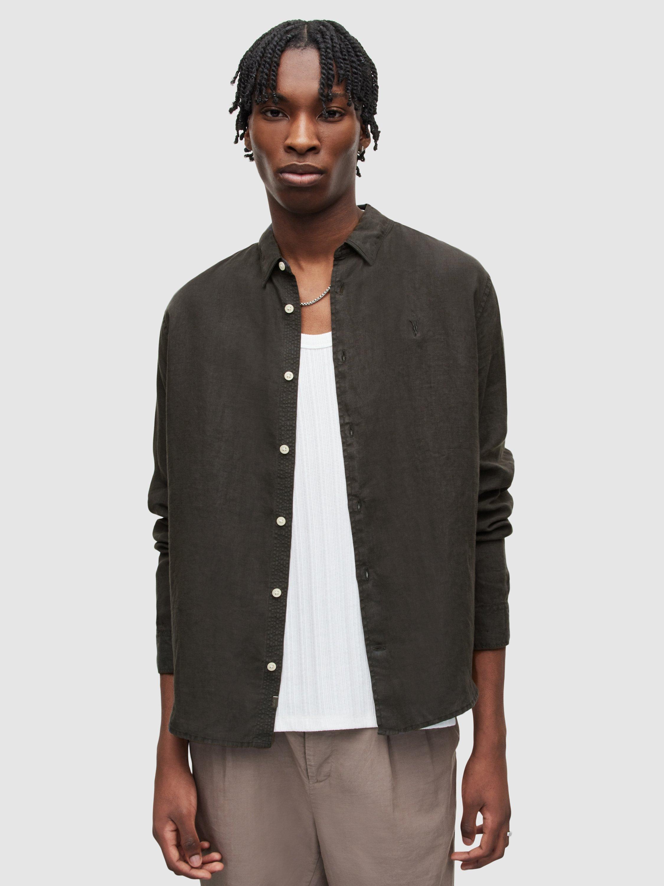 AllSaints Cypress Linen Long Sleeve Shirt Washed Black S