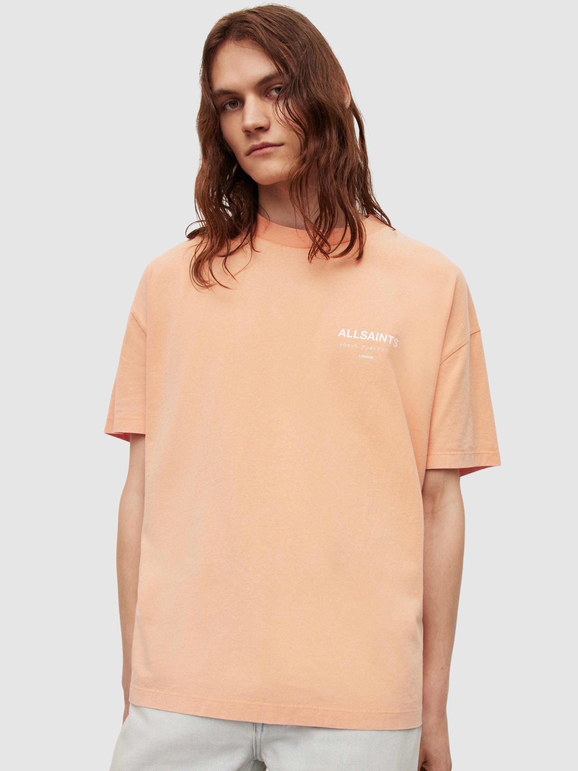 Product image 1 of 10, which shows AllSaints Underground T-Shirt, Orange/Cala White, XS