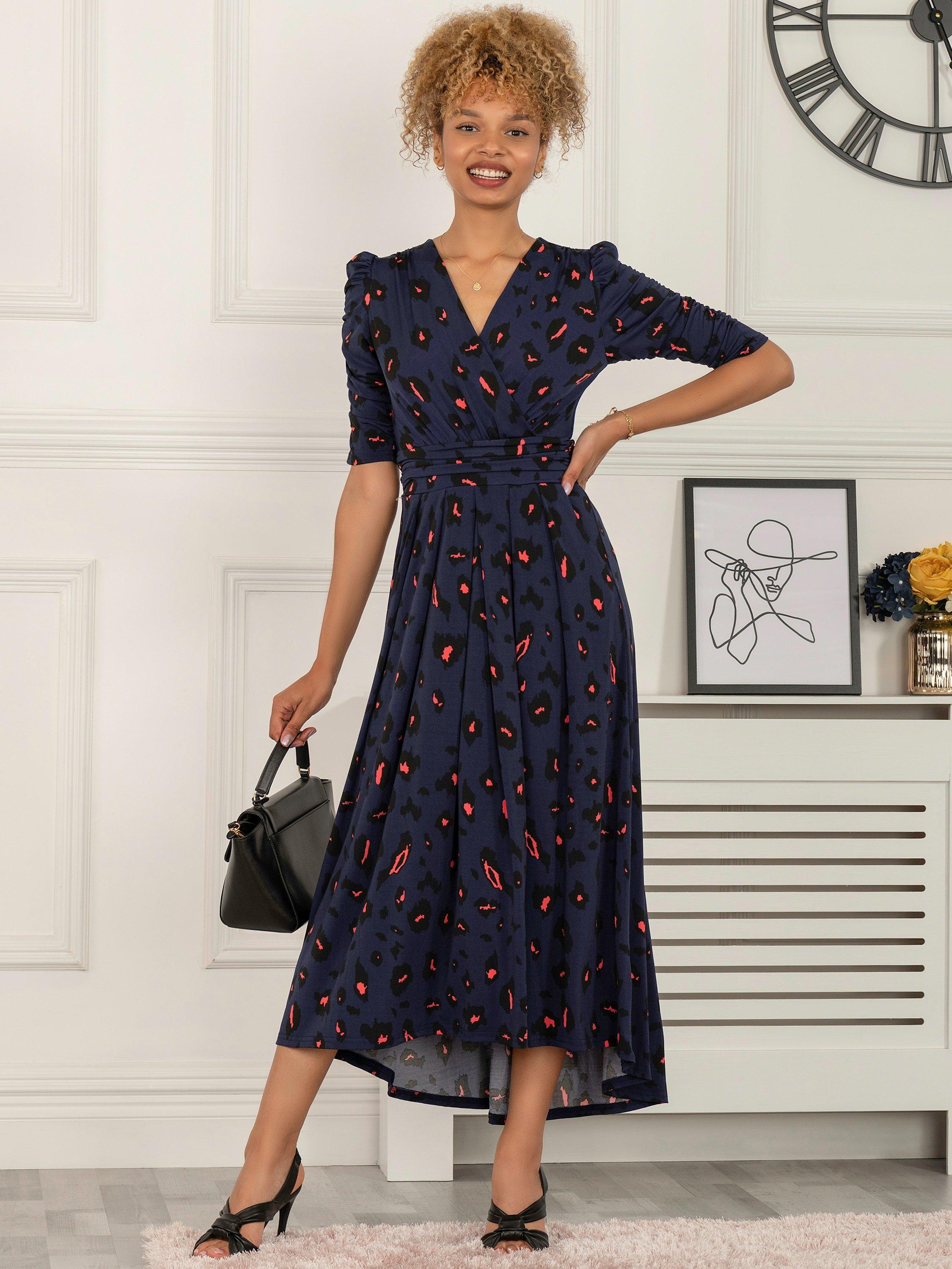 Jolie Moi Maanasi Ruched Sleeve Jersey Maxi Dress, Navy Animal