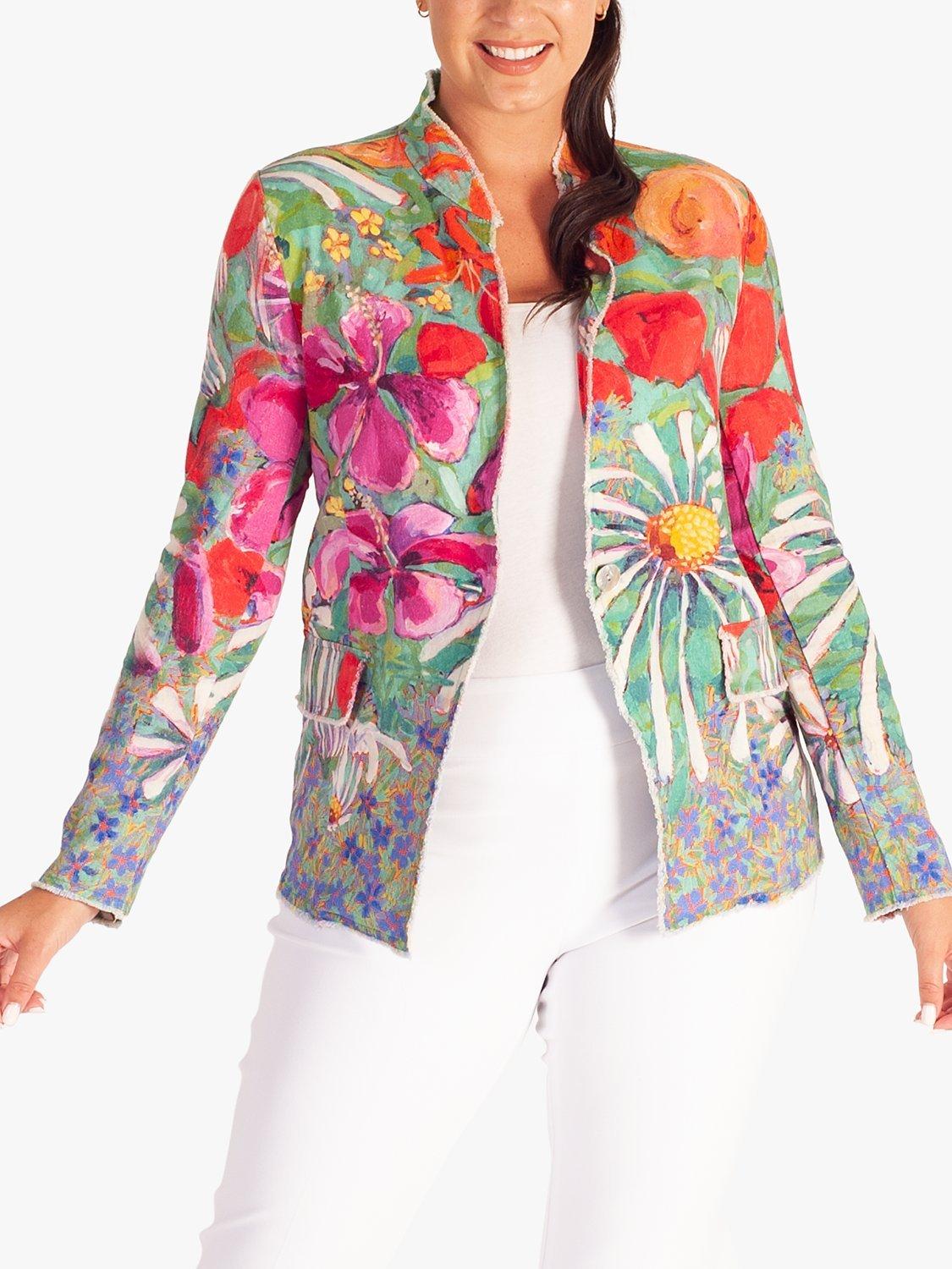 chesca Tropical Floral Print Linen Blend Jacket, Green/Multi