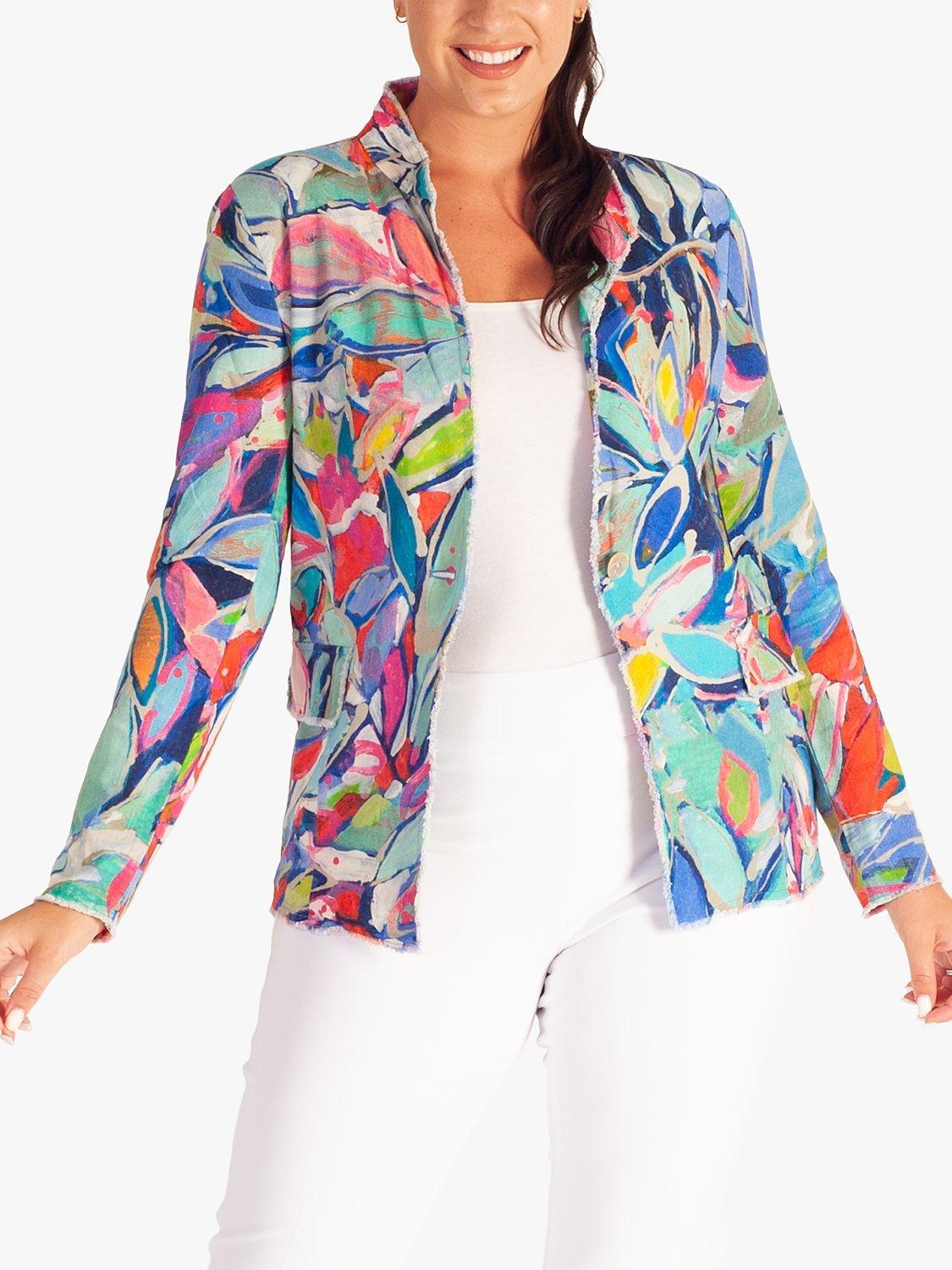 chesca Foliage Print Linen Blend Shacket, Blue/Multi