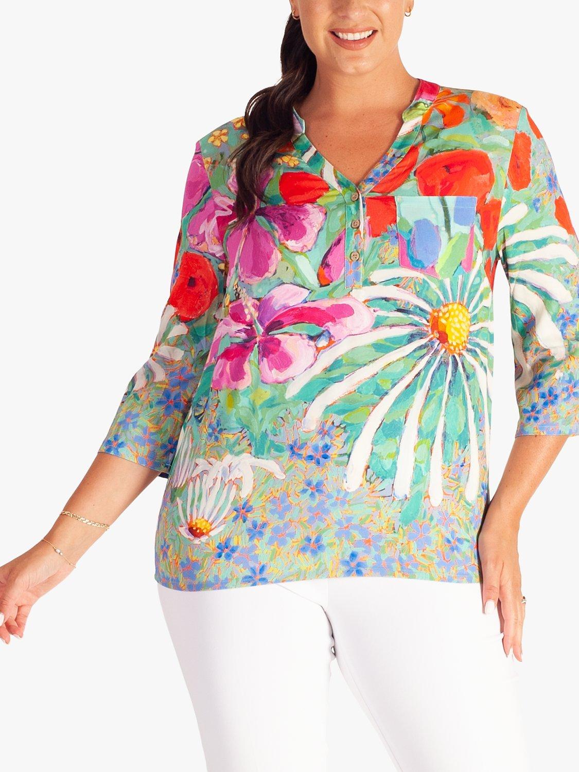 Product image 1 of 5, which shows chesca Tropical Print Floral Blouse, Green/Multi, 14-16