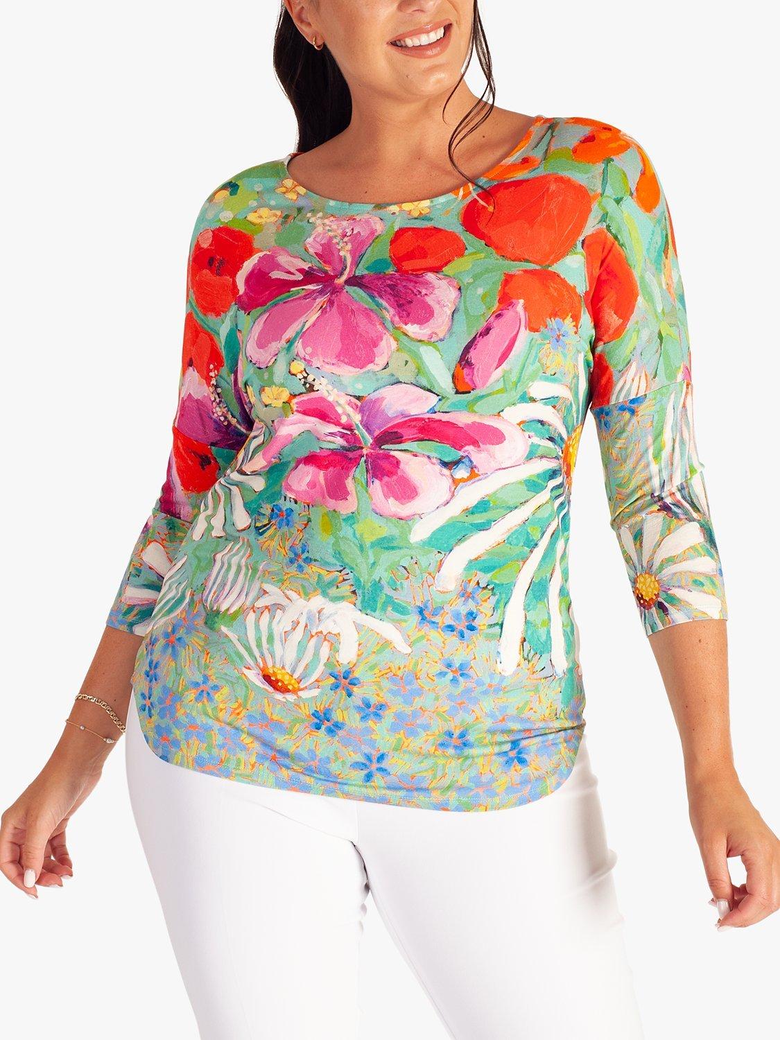 Product image 1 of 6, which shows chesca Tropical Print Floral Jersey Top, Green/Multi, 10-12