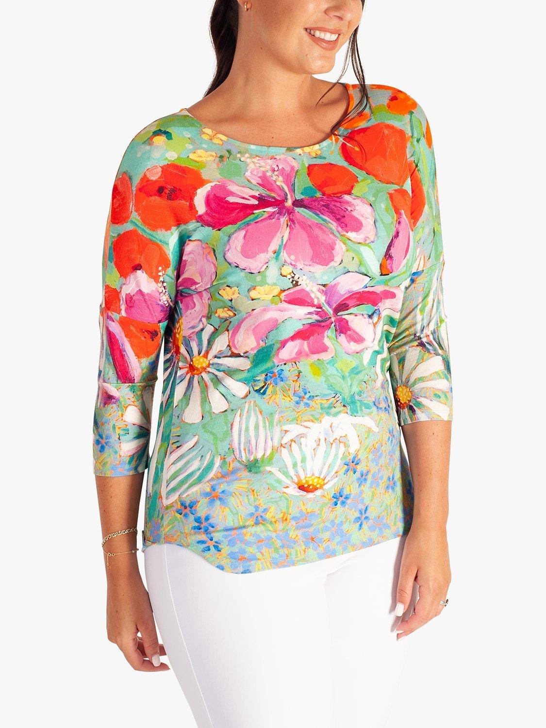 Product image 3 of 6, which shows chesca Tropical Print Floral Jersey Top, Green/Multi, 10-12