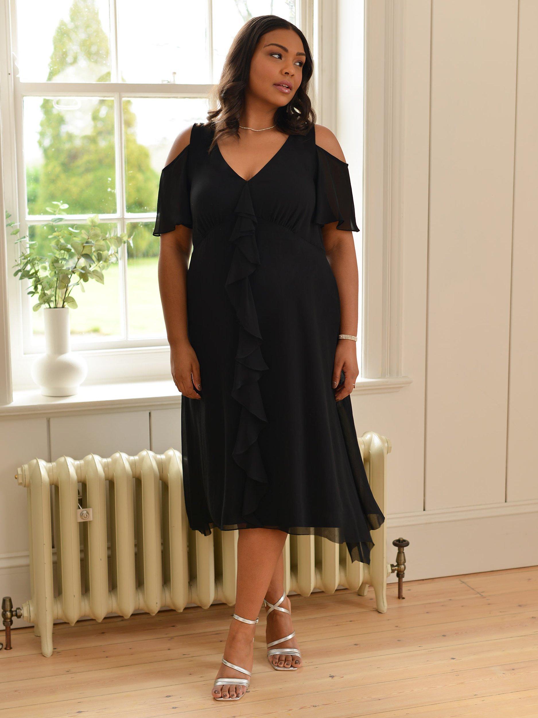 Live Unlimited Curve  Ruffle Frill Front Cold Shoulder Midi Dress, Black