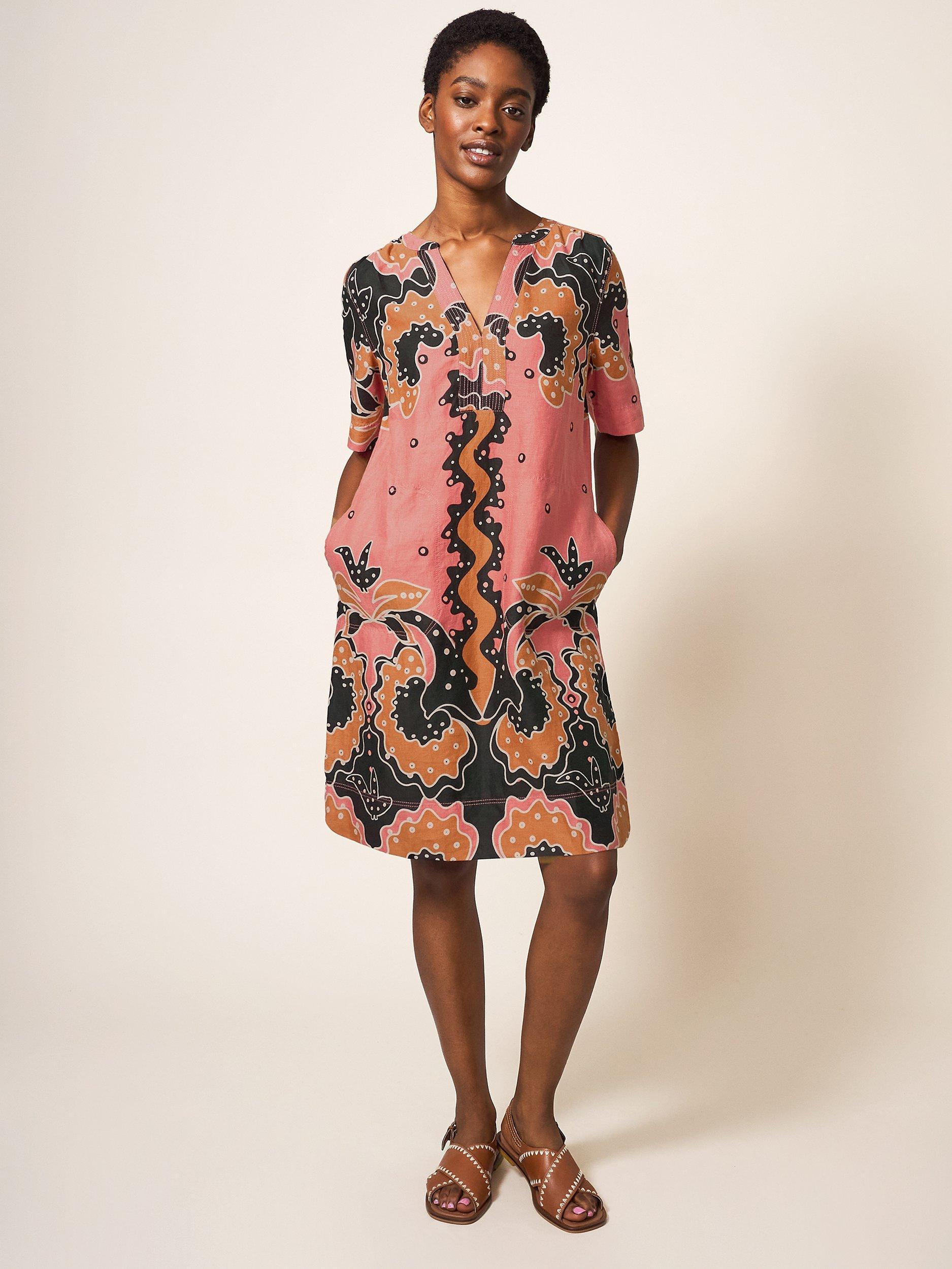 White Stuff Abstract Print Linen Shift Dress, Plum/Multi