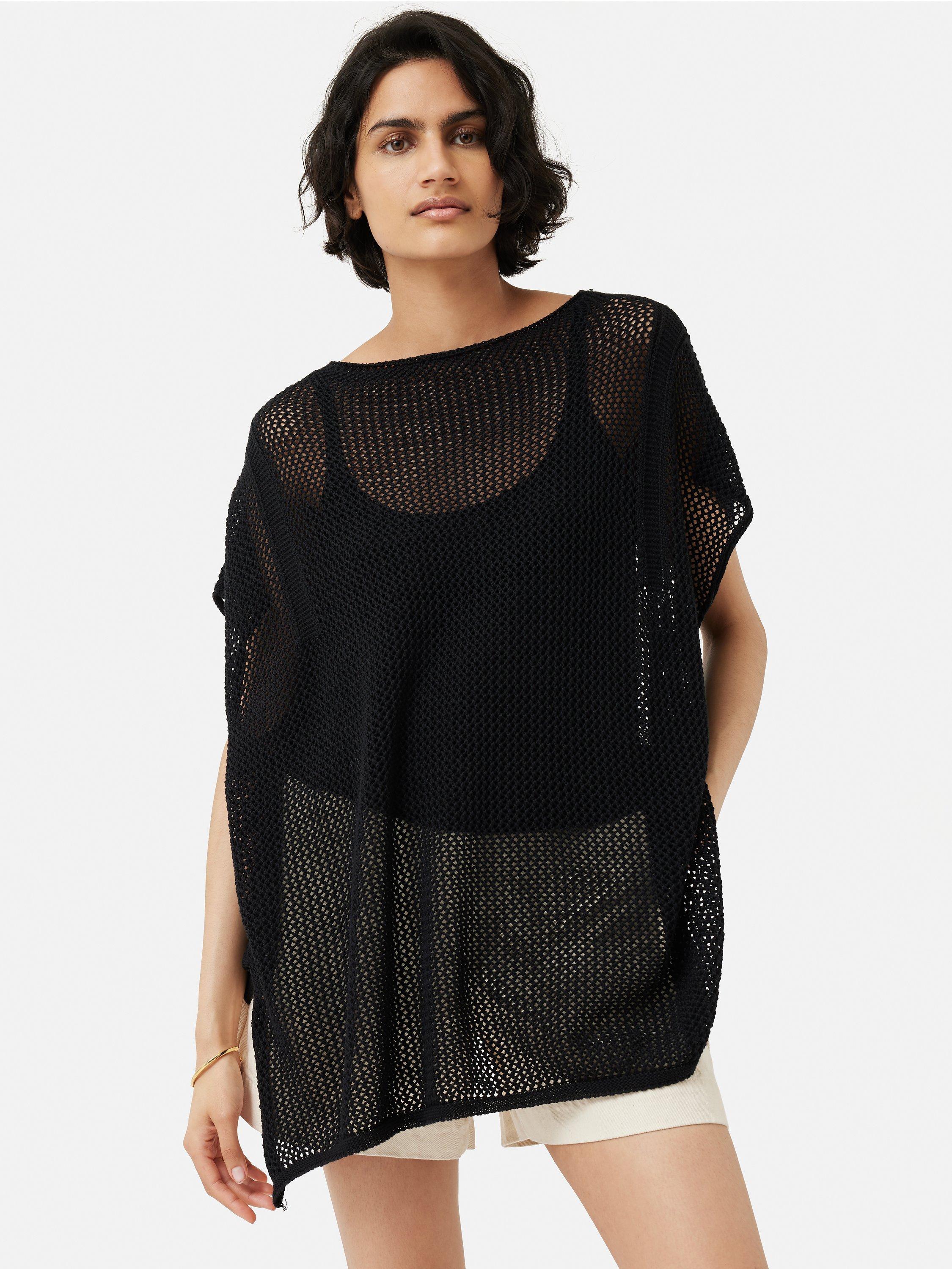Jigsaw Plain Lace Knit Poncho, Black, One Size