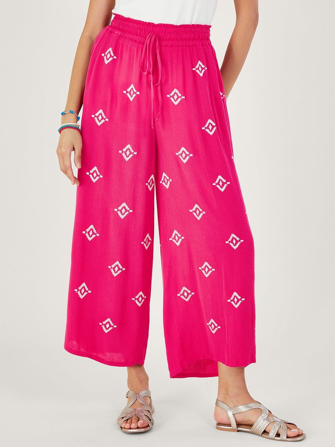 Monsoon Embroidered Motif Wide Leg Trousers, Pink
