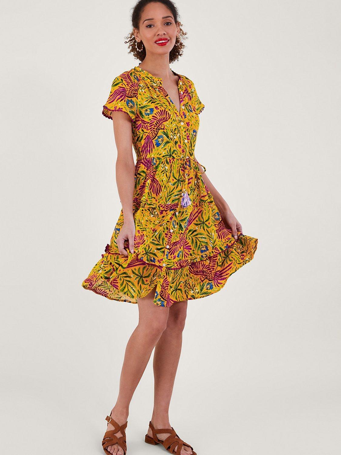 Monsoon Floral & Palm Print Dress, Yellow
