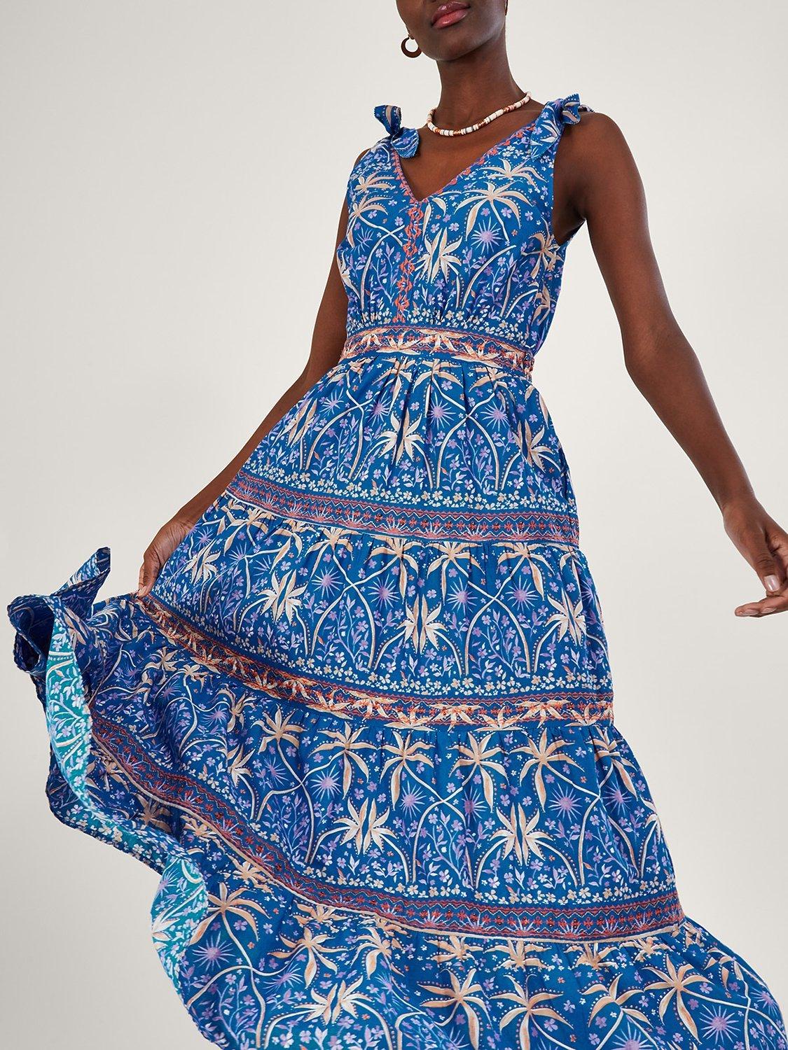 Monsoon Palm Print Midi Dress, Blue
