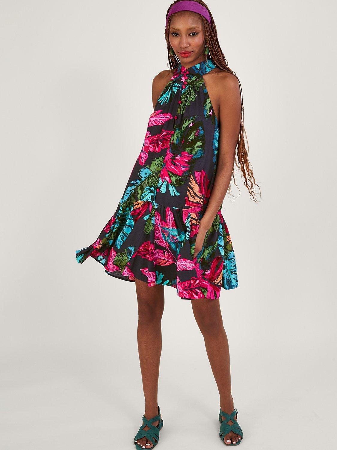 Monsoon Bria Palm Print Halterneck Dress, Midnight