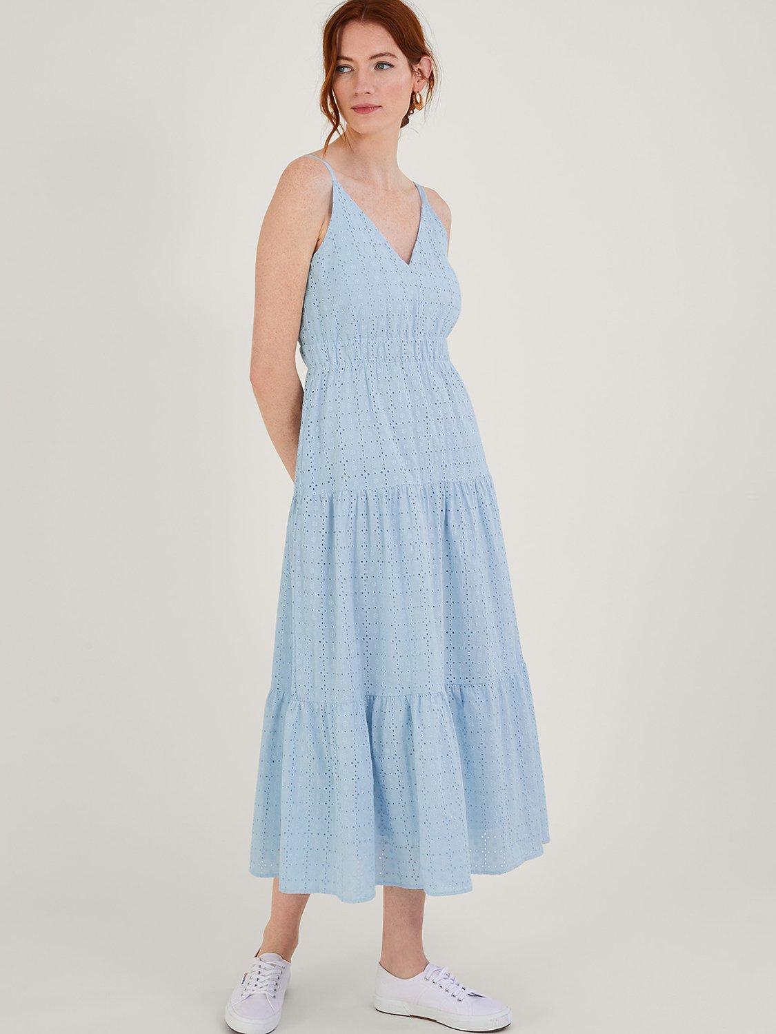 Monsoon Belle Broderie Tiered Dress, Blue