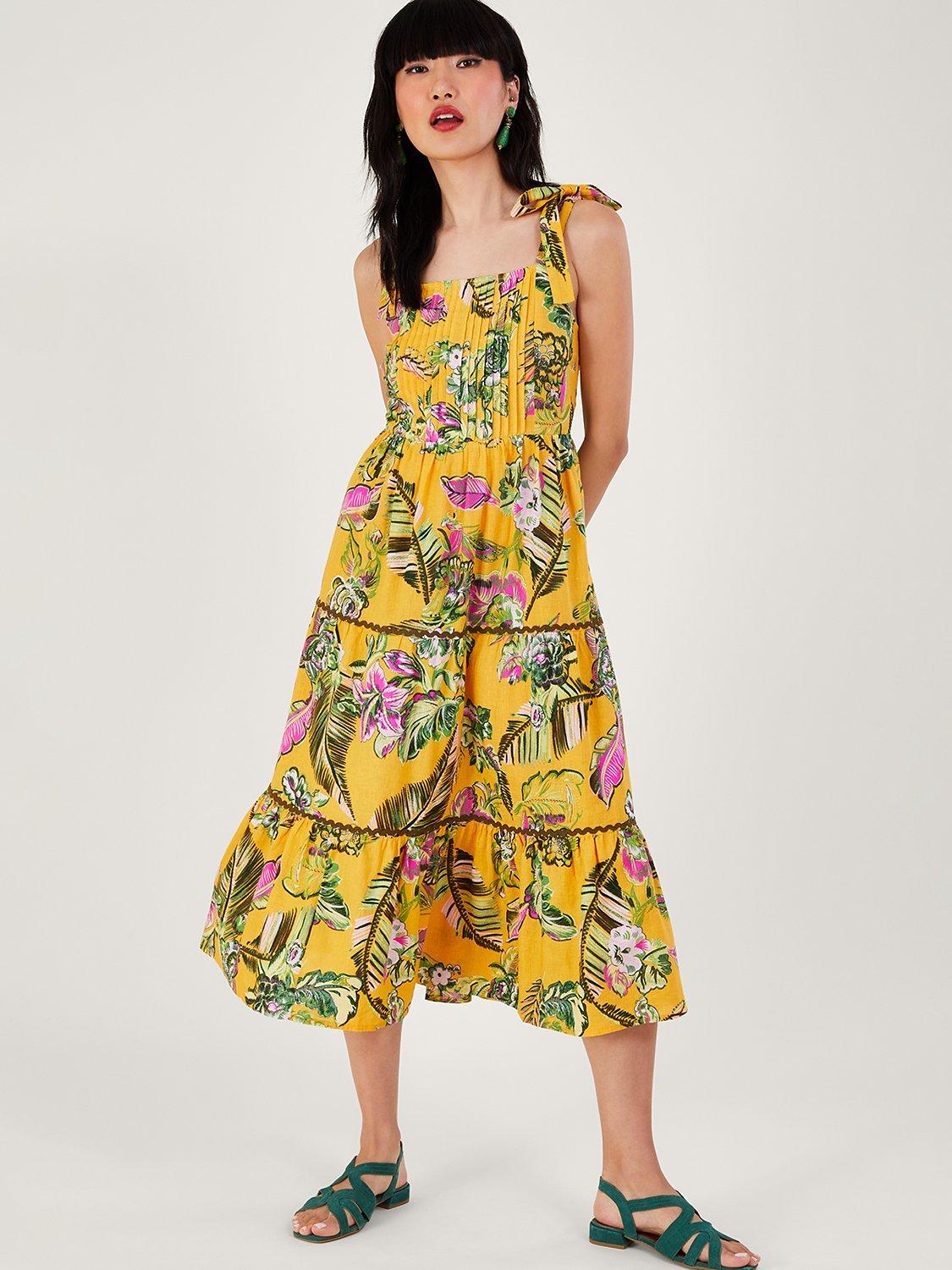 Monsoon Linen Print Sun Dress, Yellow/Multi