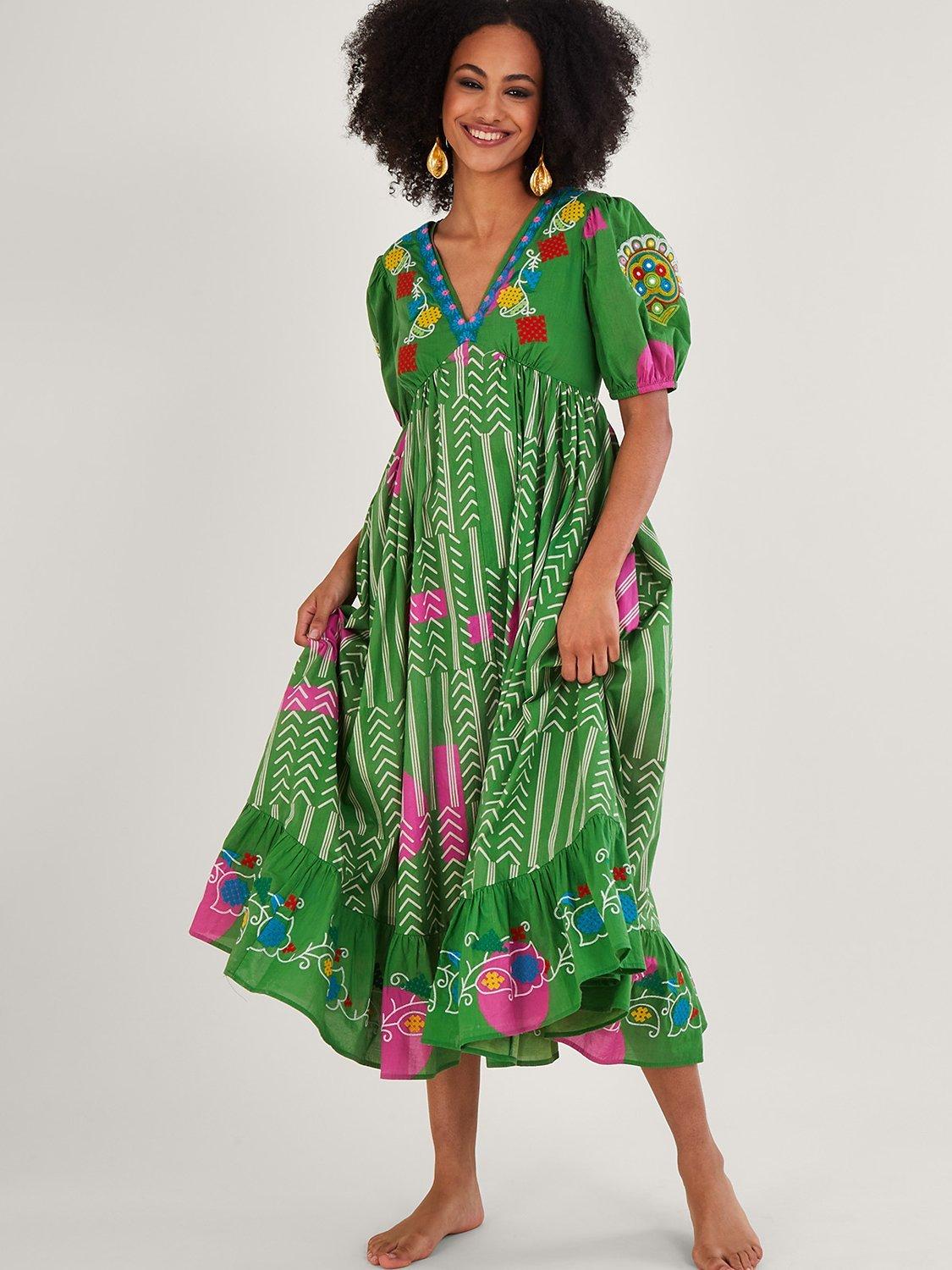 Monsoon Chevron Batik Midi Dress, Green