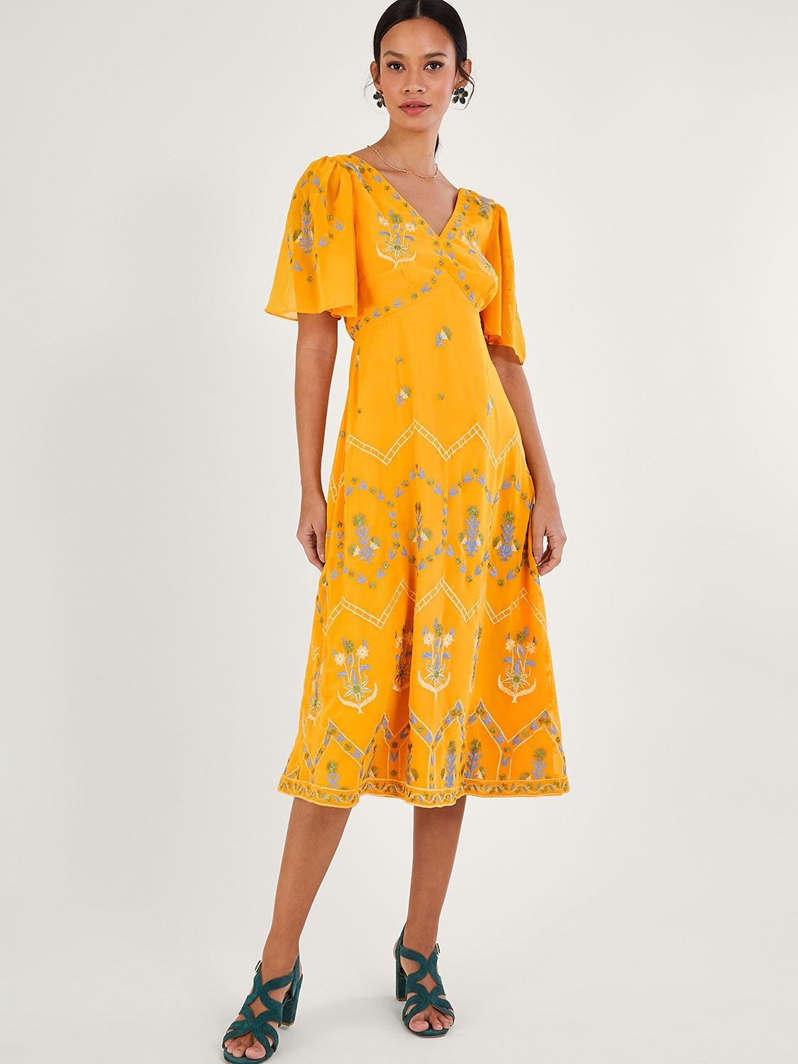 Monsoon Margo Floral Embroidered Tea Dress, Yellow